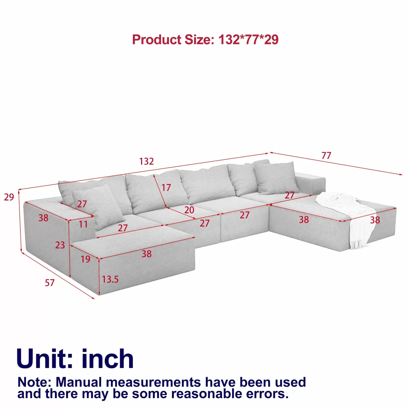 Modern Upholstered Sectional Sofa Couch Set,Modular 132" L Shaped Sectional Living Room Sofa Set With 6 Pillows,Free Combination Sofa Couch for Living Room,Bedroom