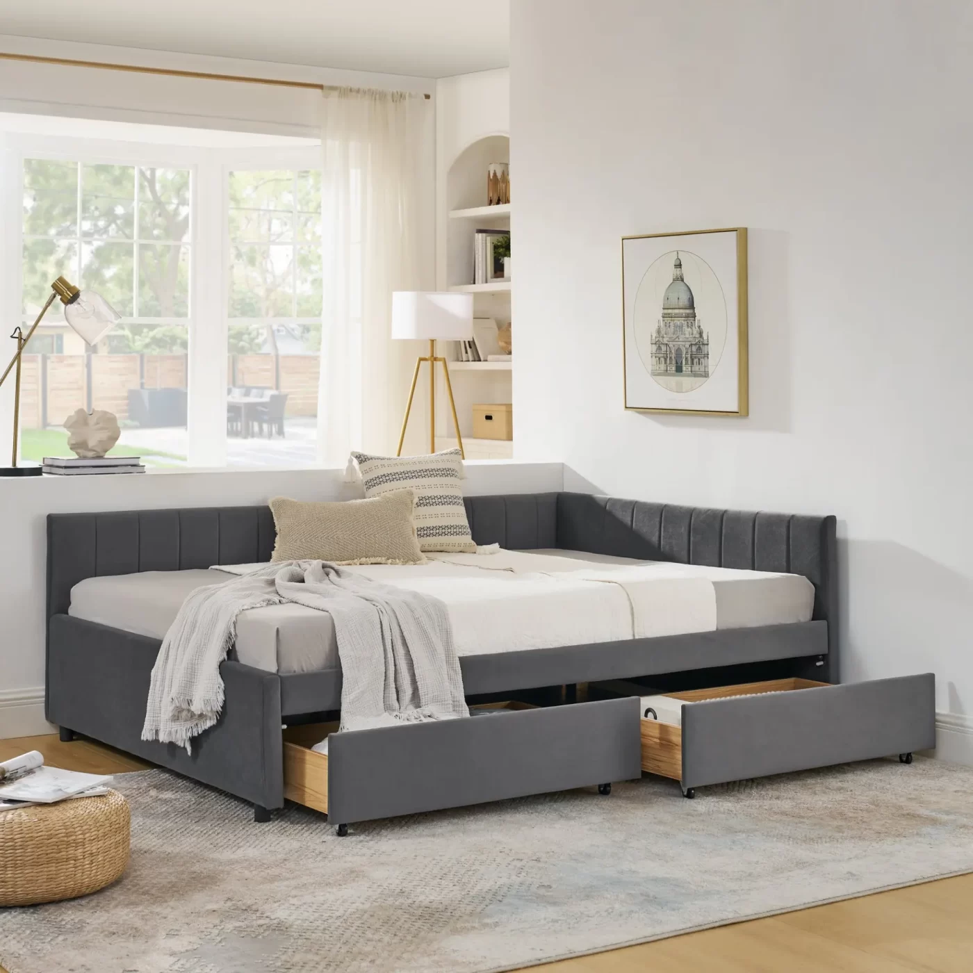 Full Size Upholstered Tufted Bed Frame with Two Drawers, Sofa Bed Frame with Comfortable Backrest and Armrests, Velvet, Grey(79.5''x58''x25'')