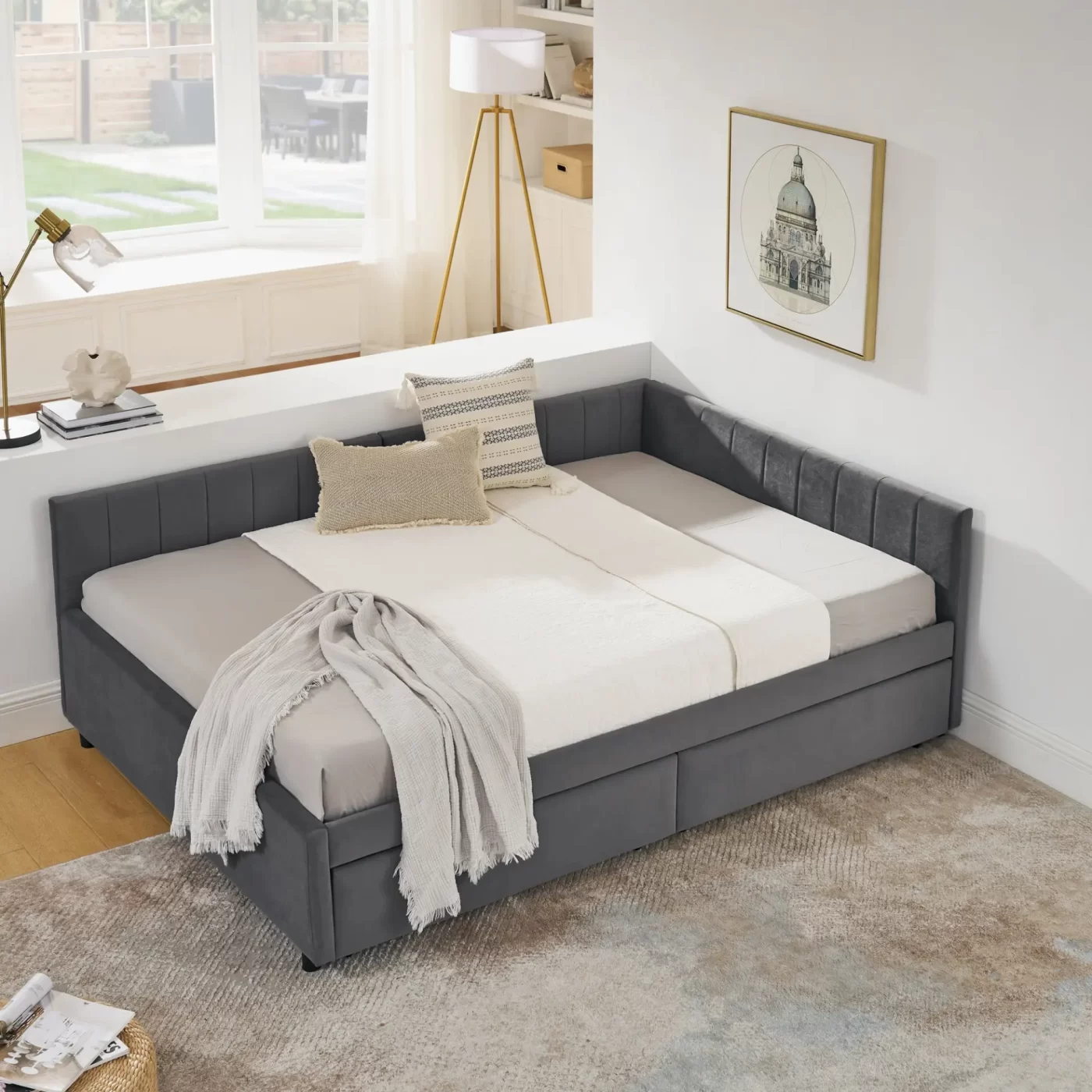 Full Size Upholstered Tufted Bed Frame with Two Drawers, Sofa Bed Frame with Comfortable Backrest and Armrests, Velvet, Grey(79.5''x58''x25'')