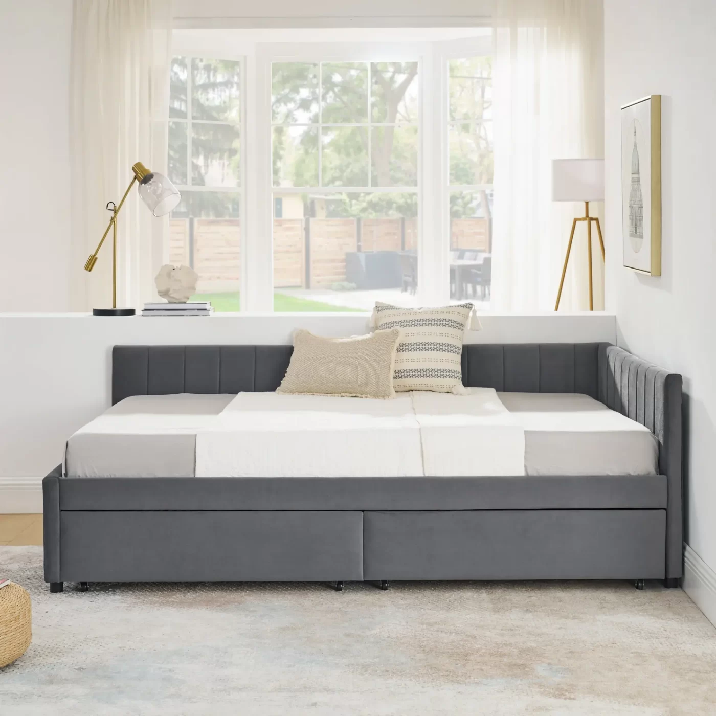 Full Size Upholstered Tufted Bed Frame with Two Drawers, Sofa Bed Frame with Comfortable Backrest and Armrests, Velvet, Grey(79.5''x58''x25'')