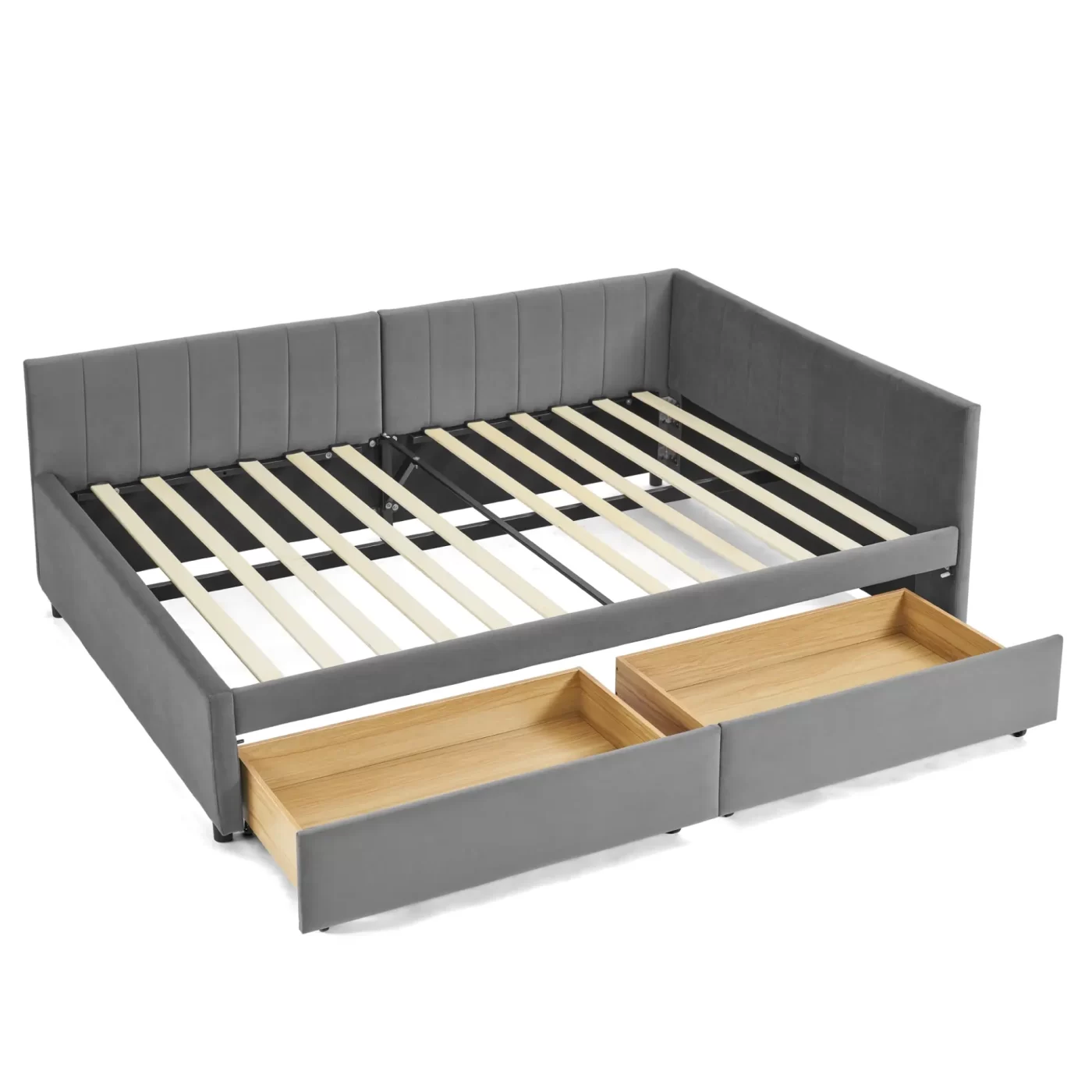 Full Size Upholstered Tufted Bed Frame with Two Drawers, Sofa Bed Frame with Comfortable Backrest and Armrests, Velvet, Grey(79.5''x58''x25'')