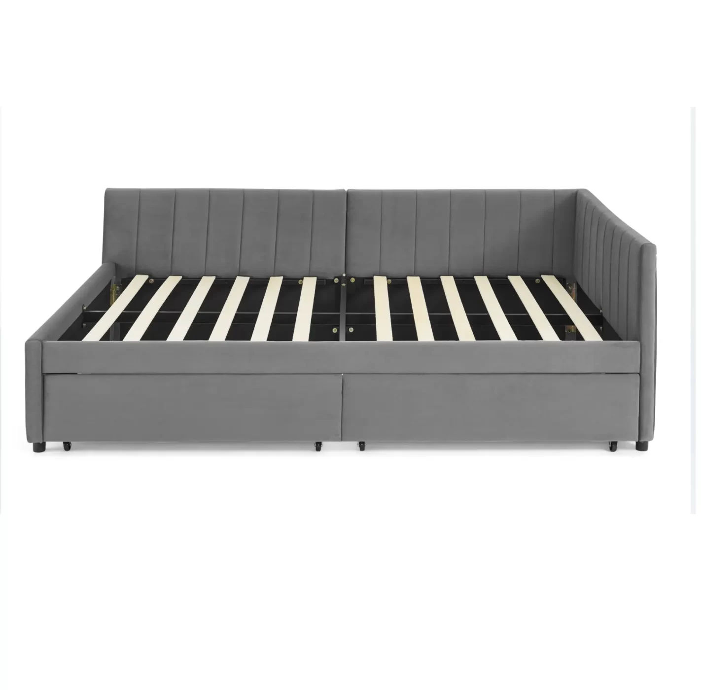 Full Size Upholstered Tufted Bed Frame with Two Drawers, Sofa Bed Frame with Comfortable Backrest and Armrests, Velvet, Grey(79.5''x58''x25'')