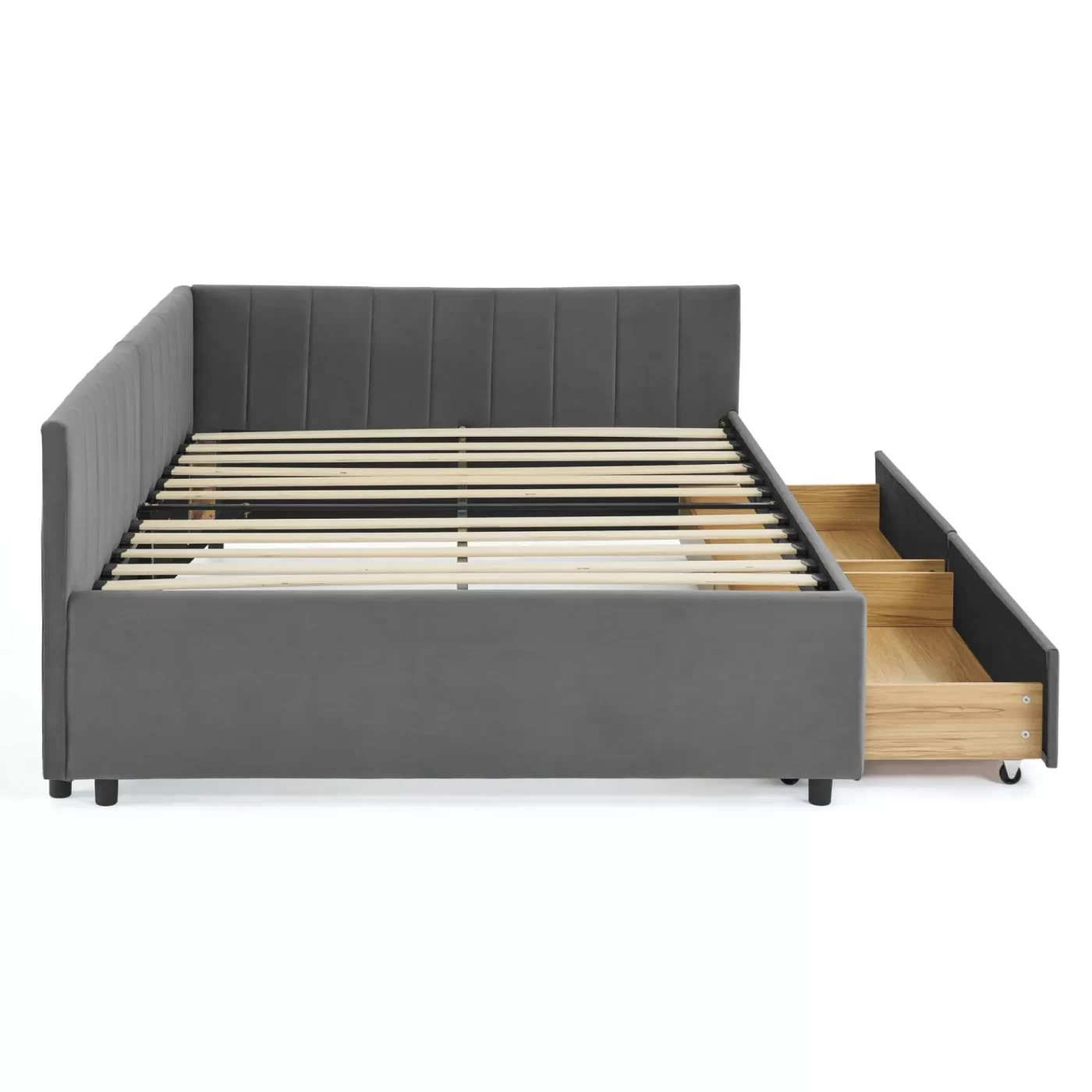 Full Size Upholstered Tufted Bed Frame with Two Drawers, Sofa Bed Frame with Comfortable Backrest and Armrests, Velvet, Grey(79.5''x58''x25'')