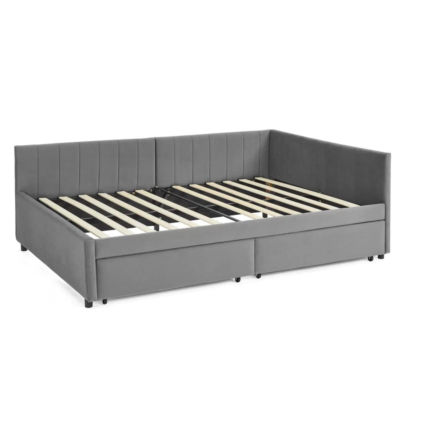Full Size Upholstered Tufted Bed Frame with Two Drawers, Sofa Bed Frame with Comfortable Backrest and Armrests, Velvet, Grey(79.5''x58''x25'')