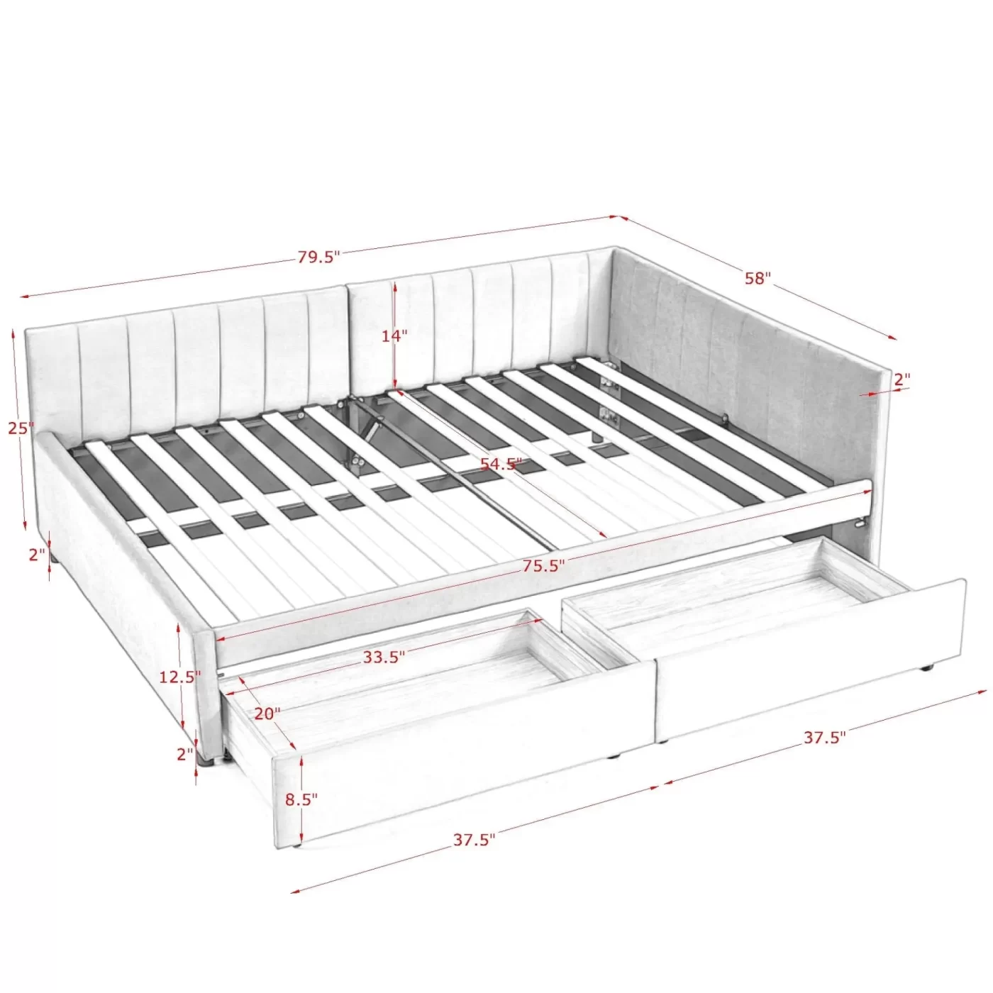 Full Size Upholstered Tufted Bed Frame with Two Drawers, Sofa Bed Frame with Comfortable Backrest and Armrests, Velvet, Grey(79.5''x58''x25'')