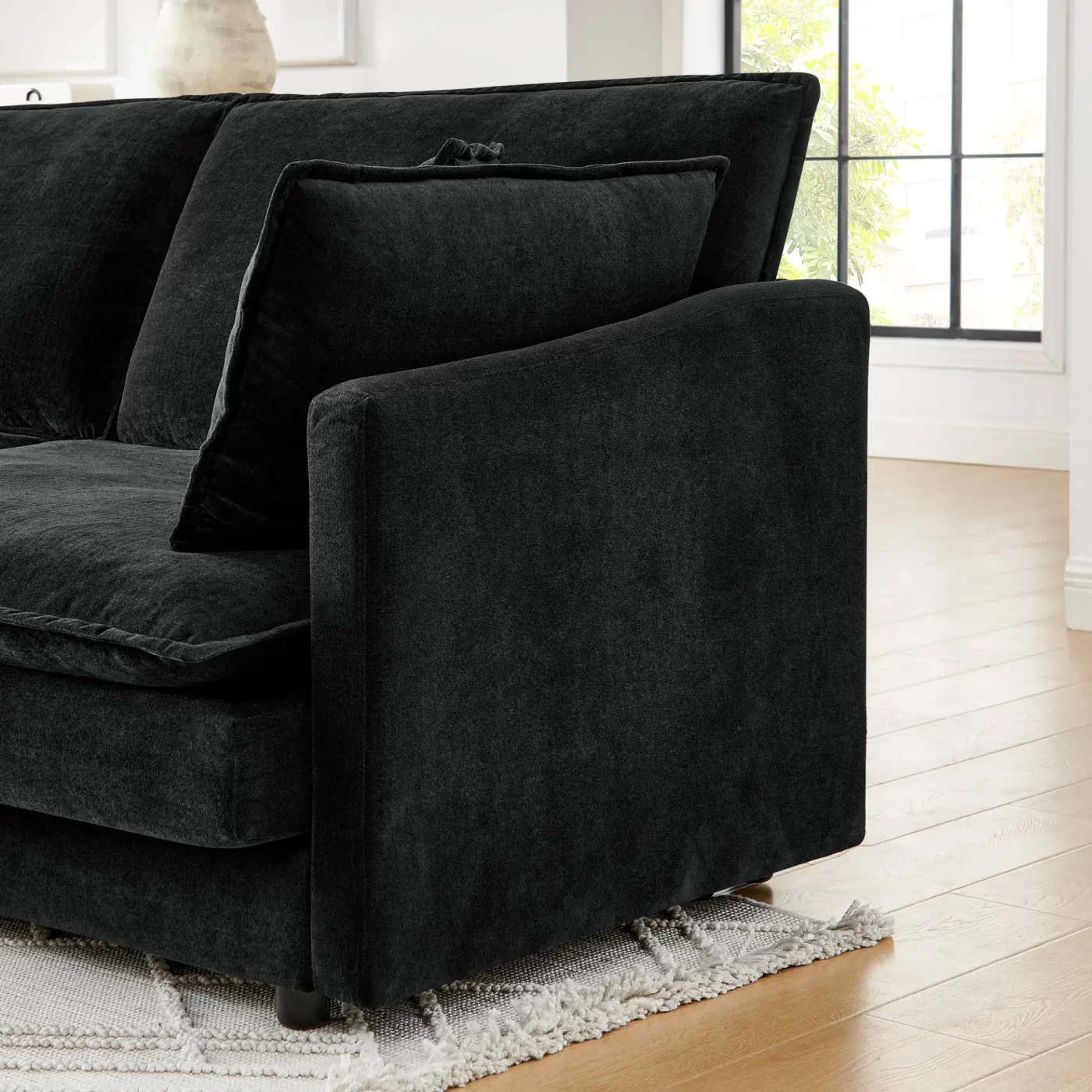 Modern Home Living Room L-Shaped Sectional Sofa Couches with Storage Ottoman, Convertible Oversized 4 Seater Couch Towel Fabric, Black