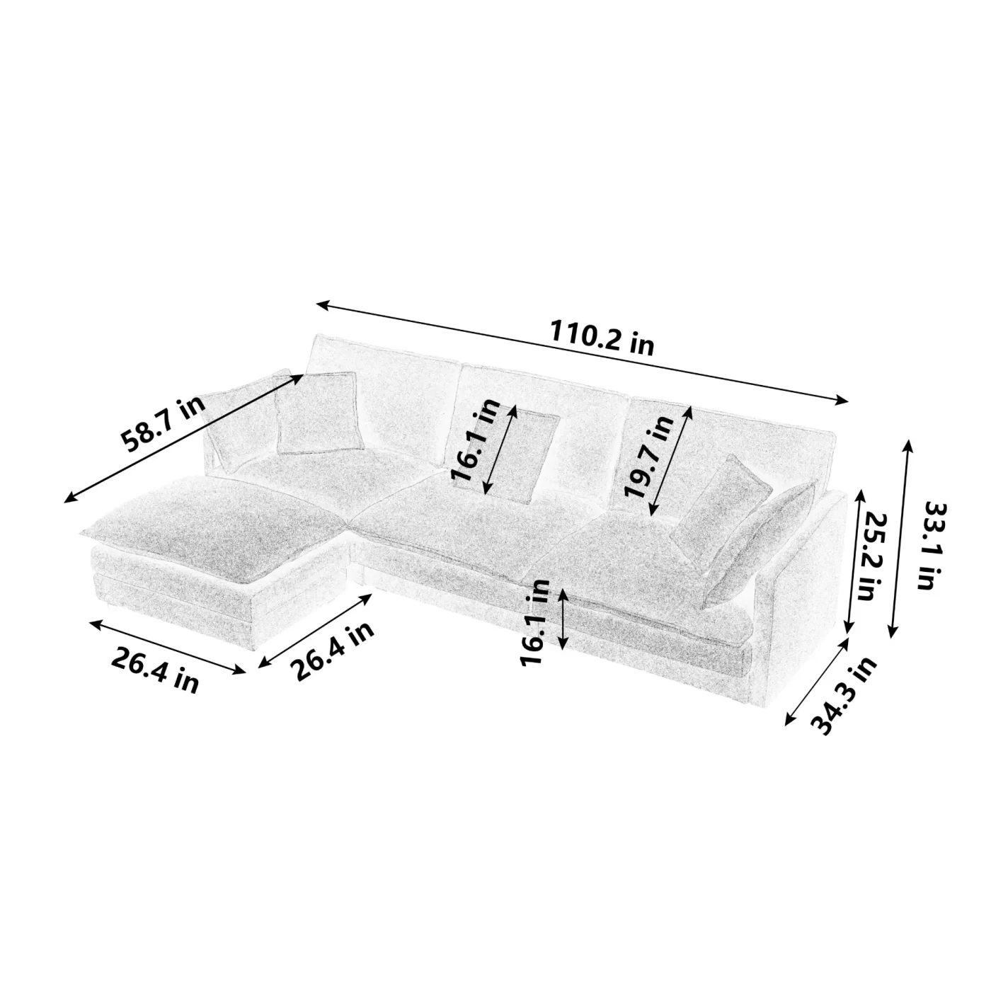 Modern Home Living Room L-Shaped Sectional Sofa Couches with Storage Ottoman, Convertible Oversized 4 Seater Couch Towel Fabric, Black