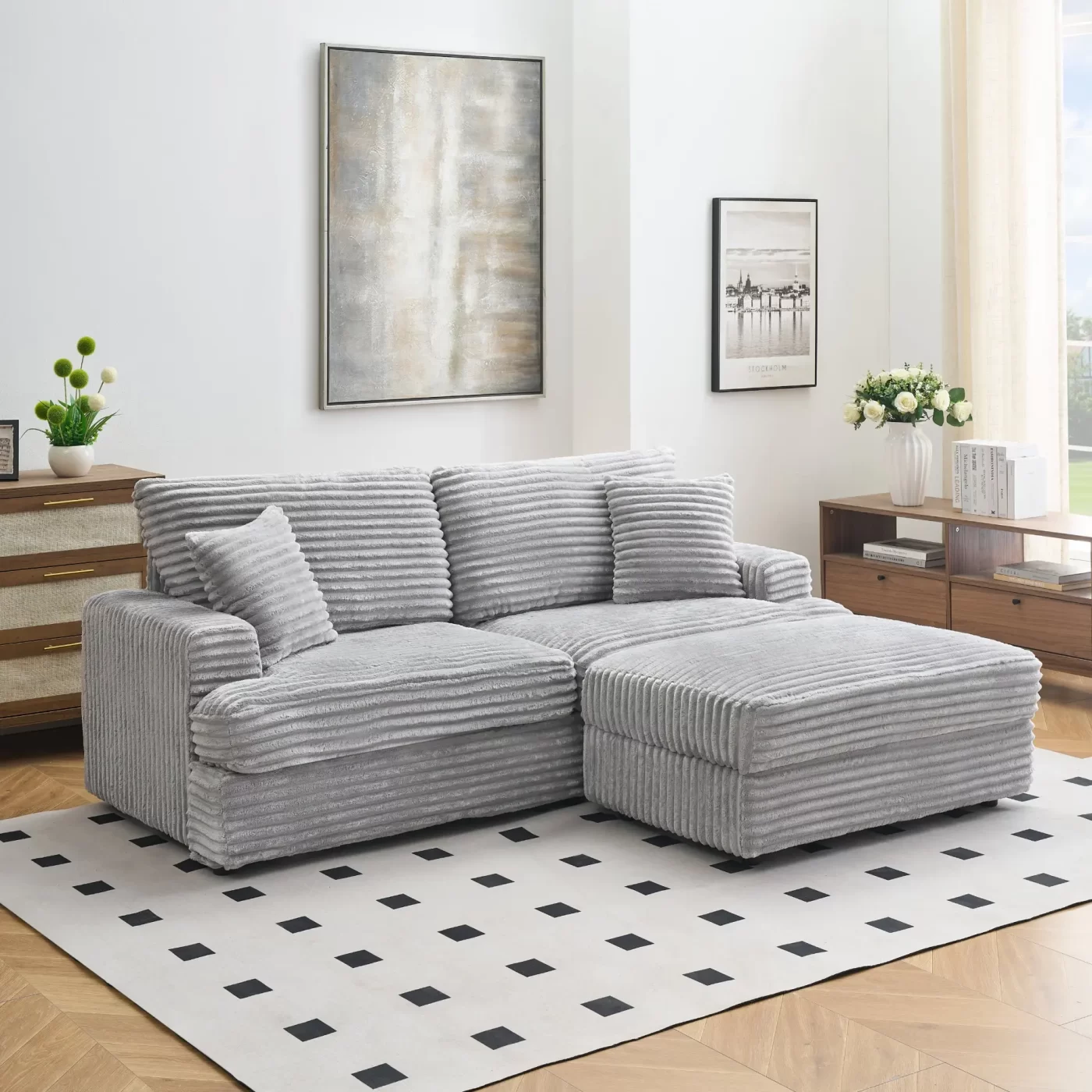 82 inches gray corduroy sofa, storage feet +4 throw pillows, create a living room, office fashion new darling!