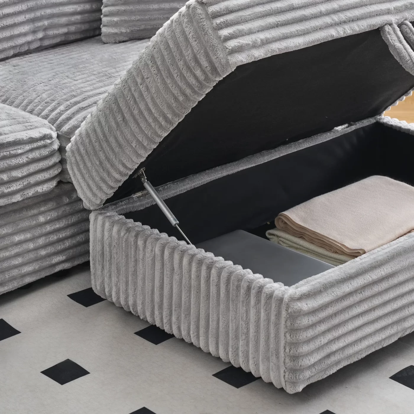 82 inches gray corduroy sofa, storage feet +4 throw pillows, create a living room, office fashion new darling!