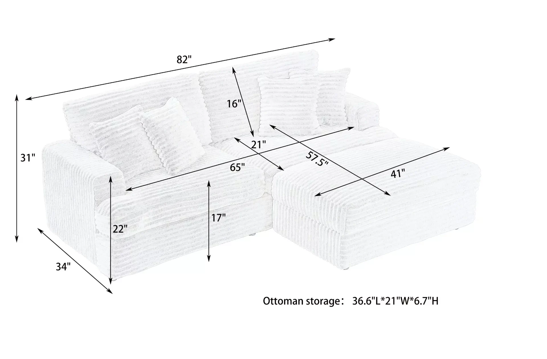 82 inches gray corduroy sofa, storage feet +4 throw pillows, create a living room, office fashion new darling!
