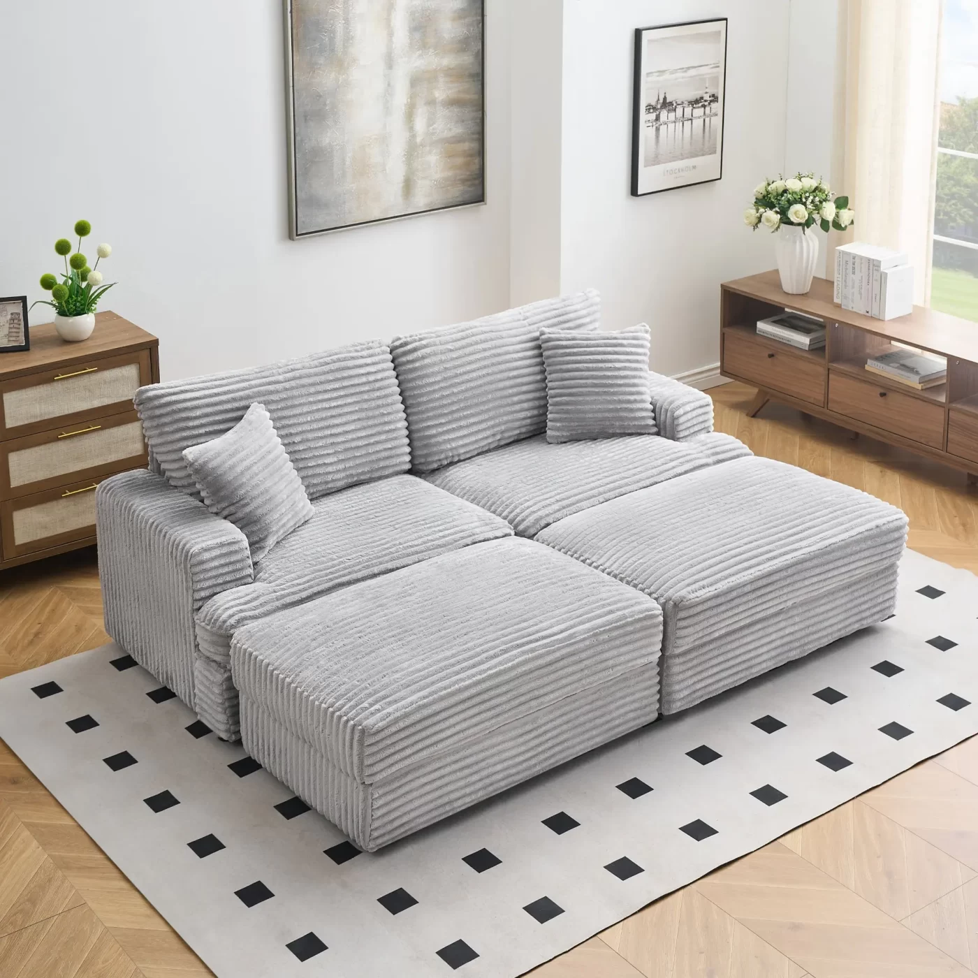 82 inches gray corduroy sofa, two storage feet +4 throw pillows, create a living room, office fashion new darling!