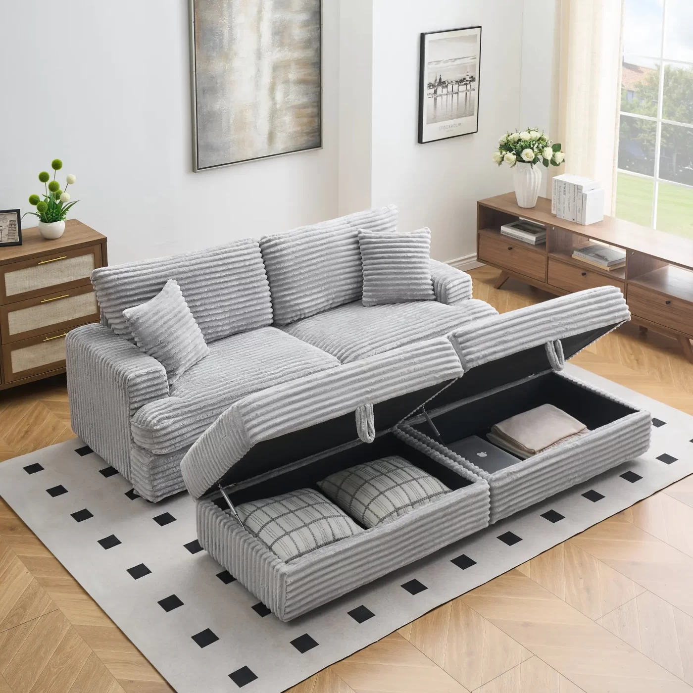 82 inches gray corduroy sofa, two storage feet +4 throw pillows, create a living room, office fashion new darling!