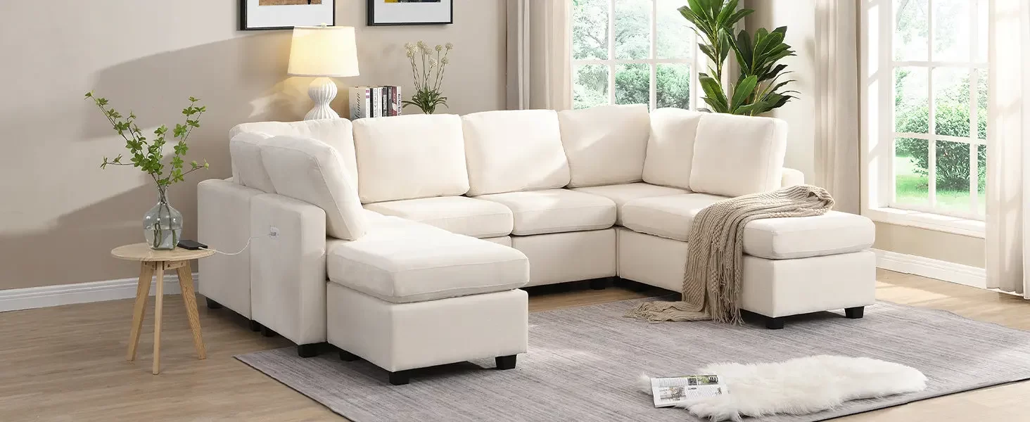 103" Sectional Sofa Couch Sofa Bed U-shaped Sofa with Two Movable Ottoman and Three USB Ports for Living Room, Beige
