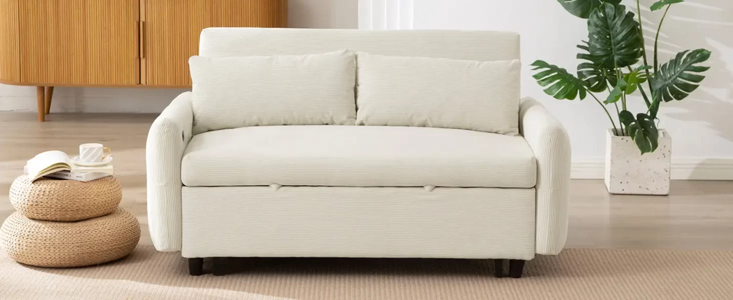 57.48" Pull-out Sofa Bed Convertible Couch 2 Seat Loveseat Sofa Modern Sleeper Sofa with Two Throw Pillows and USB Ports for Living Room, Beige(Old Sku:WF317760AAA)