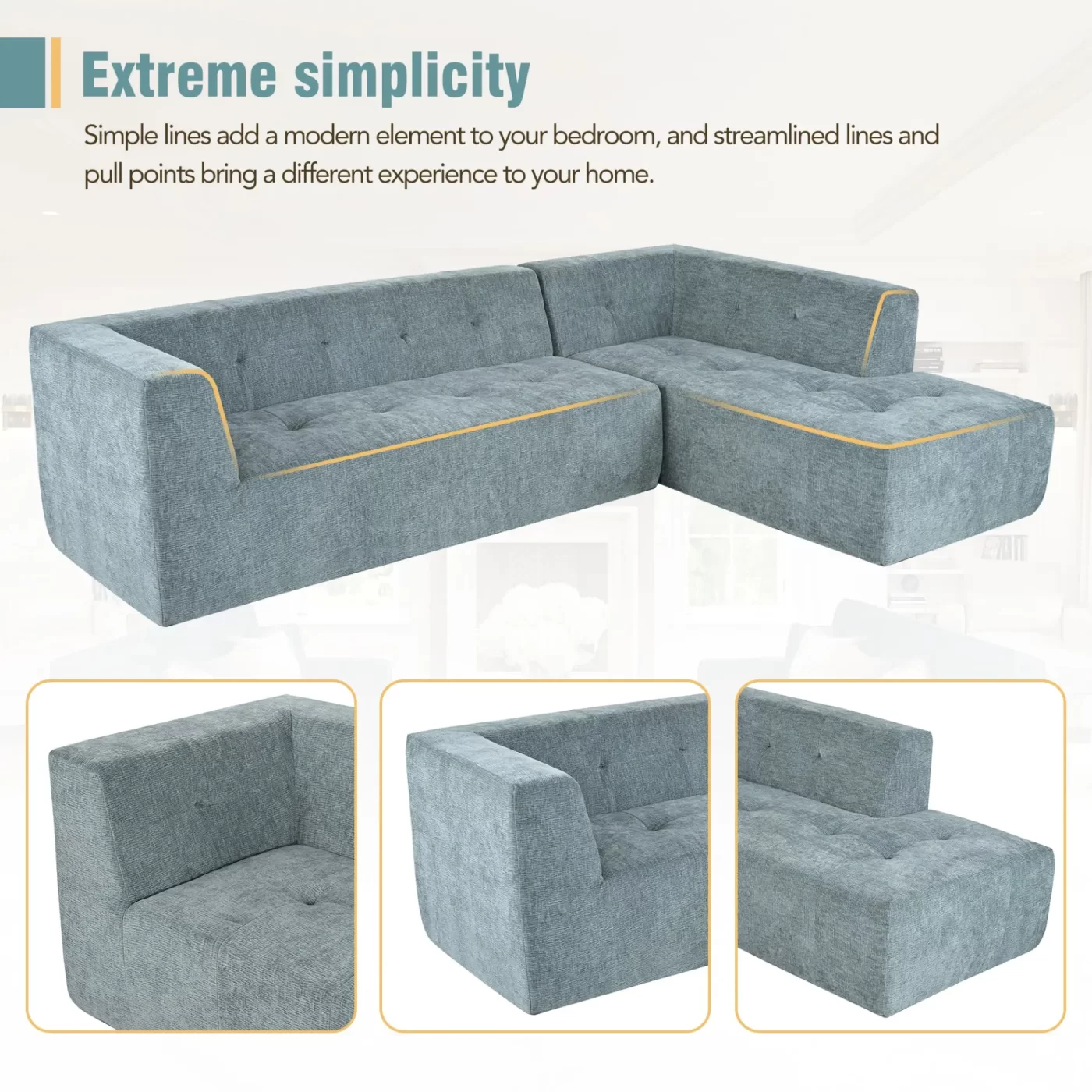 112.2*74" Modular Modular Combination Living Room Sofa Set, Modern Minimalist Sofa, Living Room Upholstered Sofa Bed, Bedroom, 2pcs Computer Free Combination, L-Shaped,Blue Gray