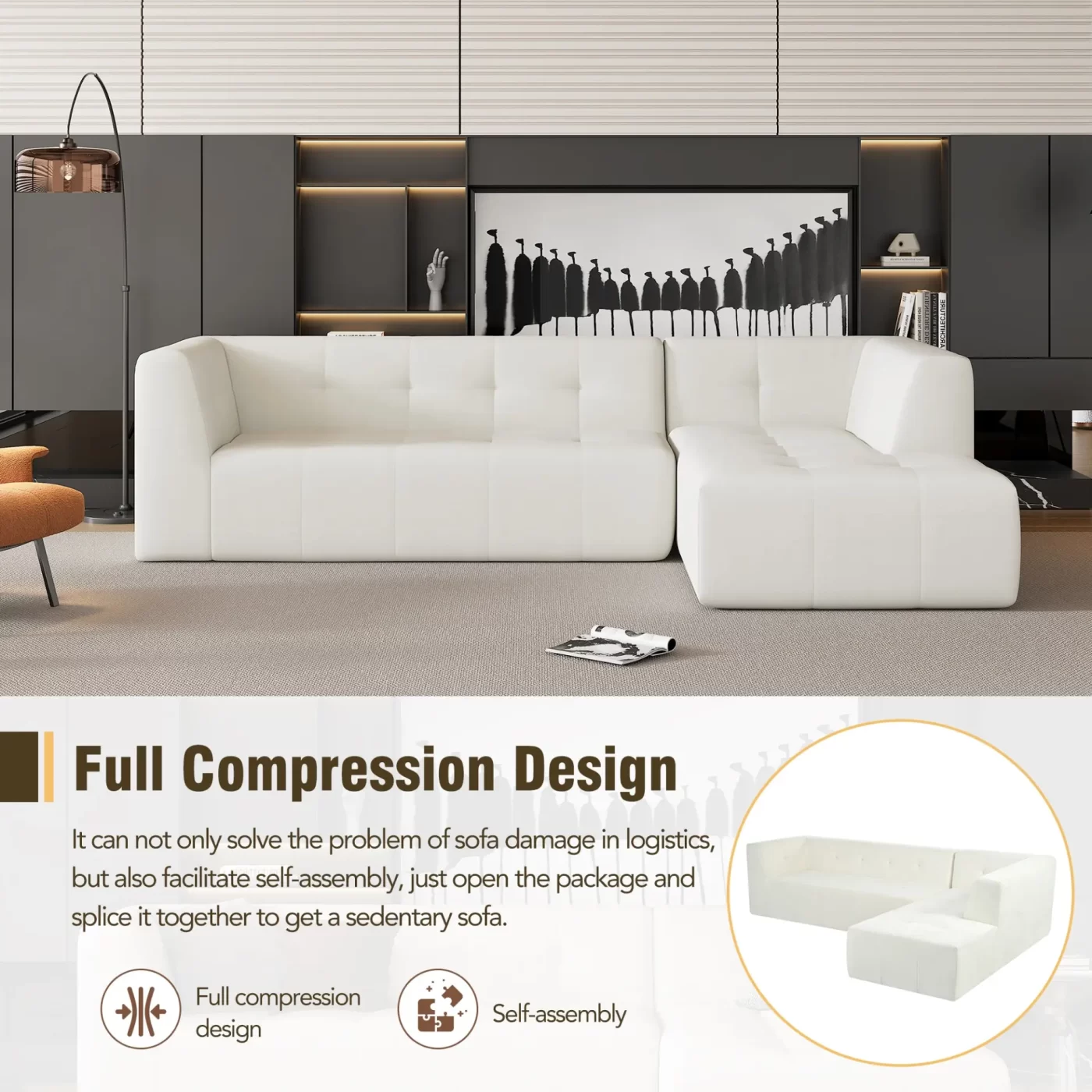 112.2*74" Modular Modular Combination Living Room Sofa Set, Modern Minimalist Sofa, Living Room Upholstered Sofa Bed, Bedroom, 2pcs Computer Free Combination, L-Shaped,Beige