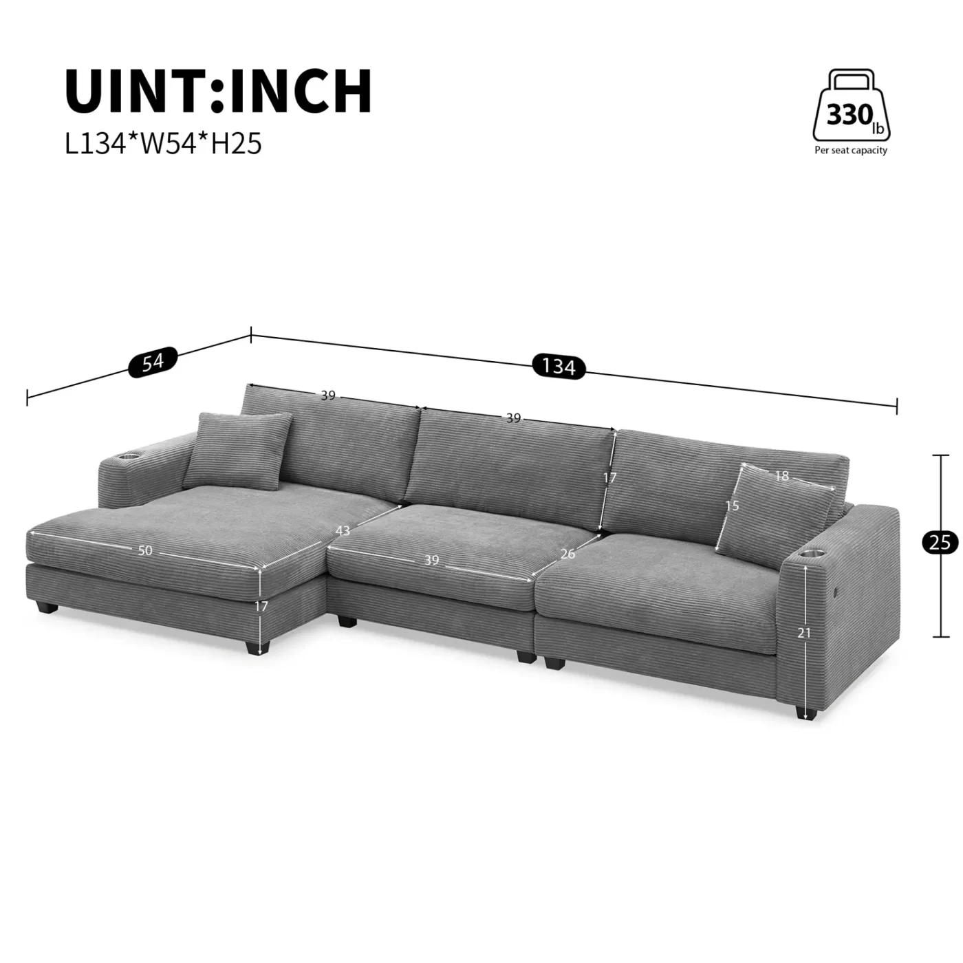134*54" Oversized Corduroy Sectional Sofa,L Shaped Cloud Couch with USB Charging Port,Cup Holder,Deep and Wide Seat Sofa with 50" Chaise,Comfy Indoor Furniture for Living Room,3 Colors
