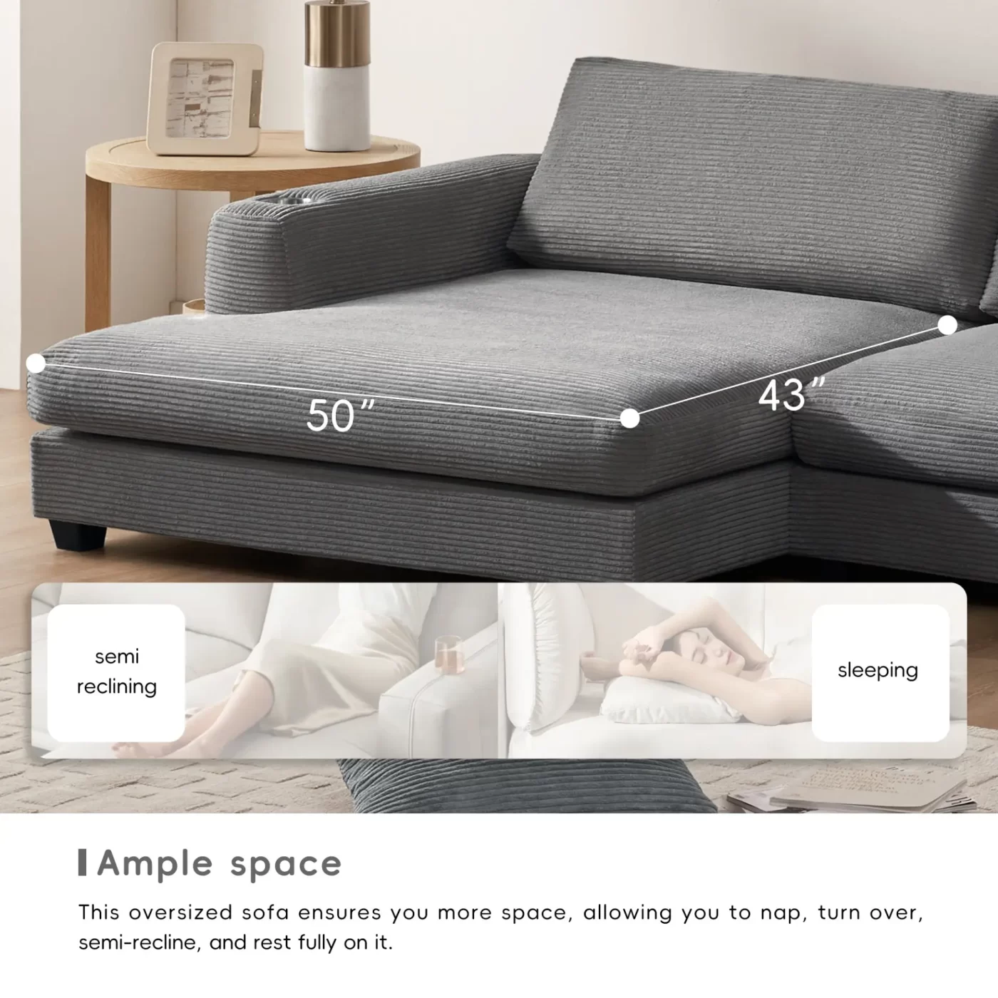 134*54" Oversized Corduroy Sectional Sofa,L Shaped Cloud Couch with USB Charging Port,Cup Holder,Deep and Wide Seat Sofa with 50" Chaise,Comfy Indoor Furniture for Living Room,3 Colors