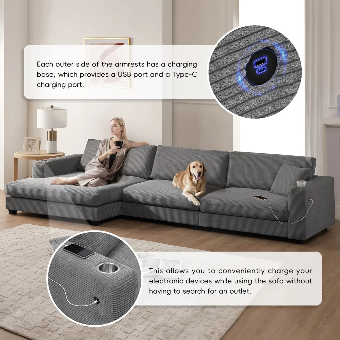 134*54" Oversized Corduroy Sectional Sofa,L Shaped Cloud Couch with USB Charging Port,Cup Holder,Deep and Wide Seat Sofa with 50" Chaise,Comfy Indoor Furniture for Living Room,3 Colors