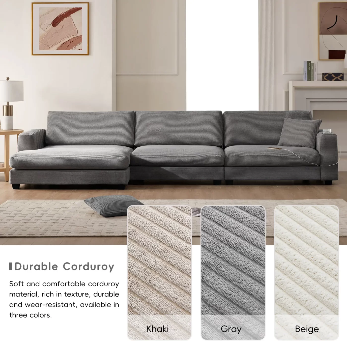 134*54" Oversized Corduroy Sectional Sofa,L Shaped Cloud Couch with USB Charging Port,Cup Holder,Deep and Wide Seat Sofa with 50" Chaise,Comfy Indoor Furniture for Living Room,3 Colors