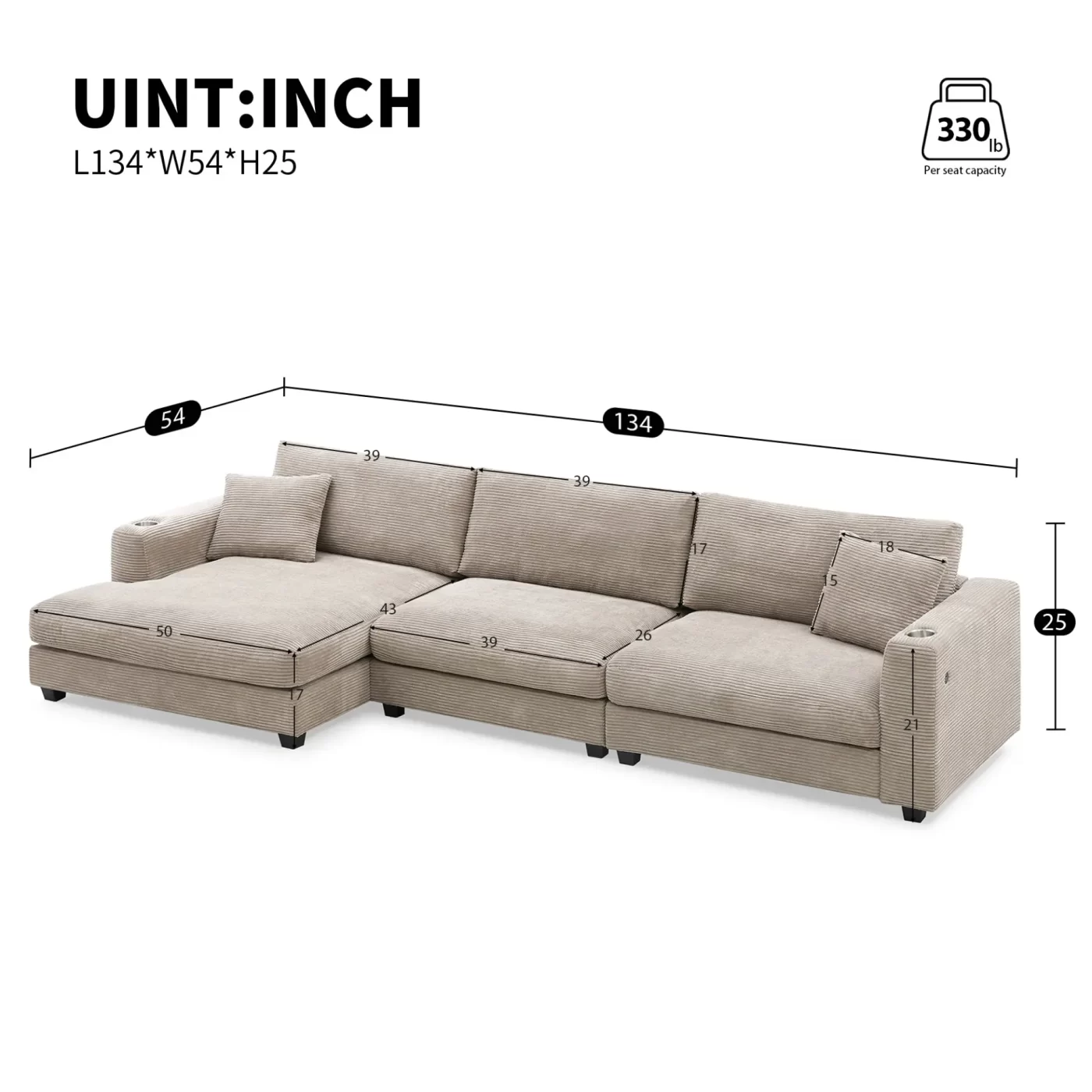 134*54" Oversized Corduroy Sectional Sofa,L Shaped Cloud Couch with USB Charging Port,Cup Holder,Deep and Wide Seat Sofa with 50" Chaise,Comfy Indoor Furniture for Living Room,3 Colors