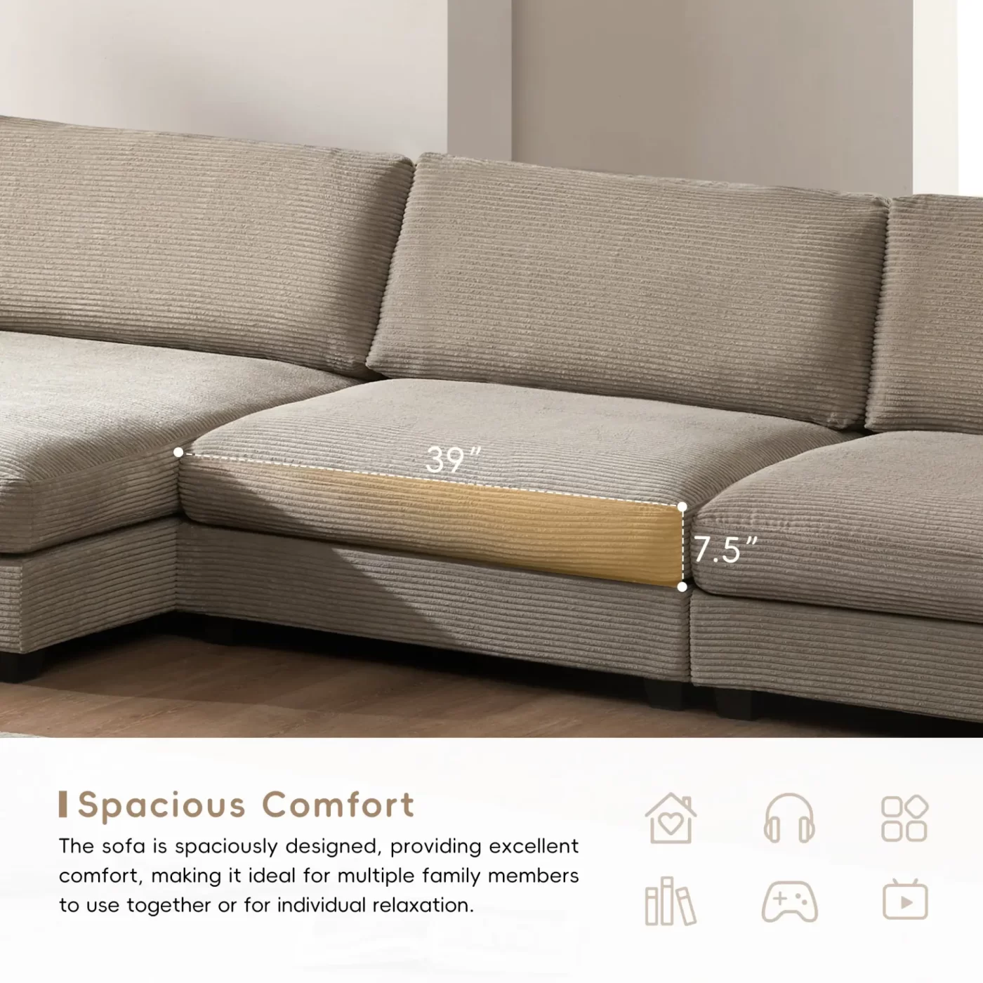 134*54" Oversized Corduroy Sectional Sofa,L Shaped Cloud Couch with USB Charging Port,Cup Holder,Deep and Wide Seat Sofa with 50" Chaise,Comfy Indoor Furniture for Living Room,3 Colors