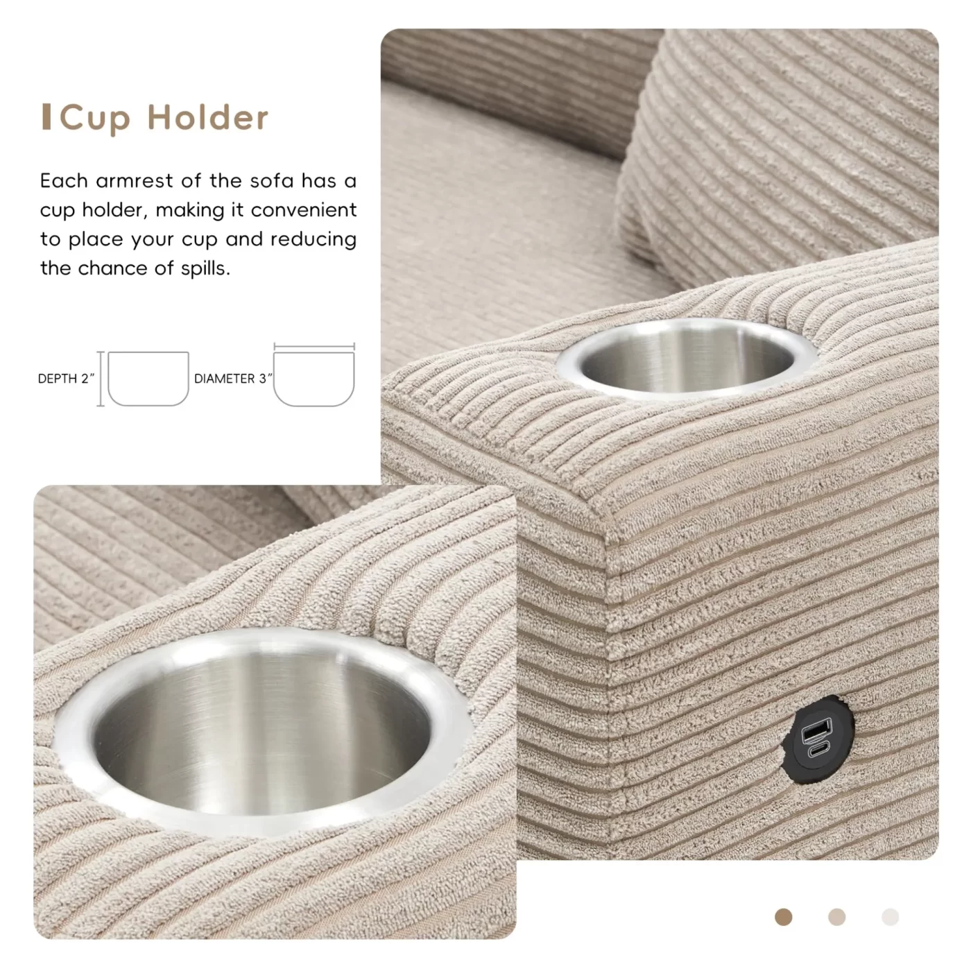 134*54" Oversized Corduroy Sectional Sofa,L Shaped Cloud Couch with USB Charging Port,Cup Holder,Deep and Wide Seat Sofa with 50" Chaise,Comfy Indoor Furniture for Living Room,3 Colors