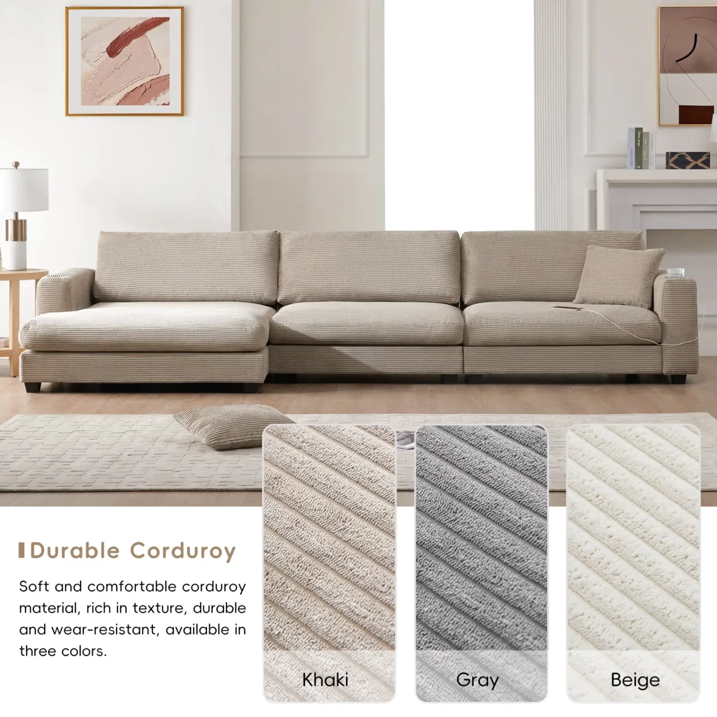 134*54" Oversized Corduroy Sectional Sofa,L Shaped Cloud Couch with USB Charging Port,Cup Holder,Deep and Wide Seat Sofa with 50" Chaise,Comfy Indoor Furniture for Living Room,3 Colors