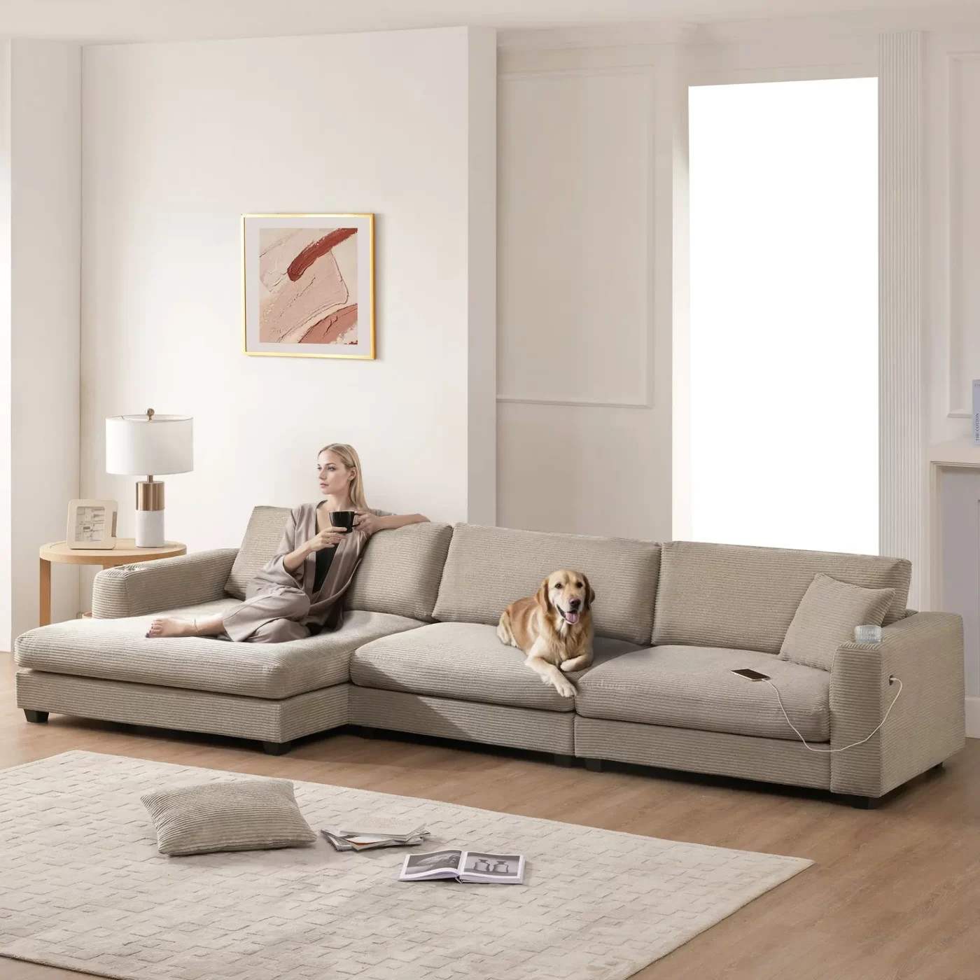 134*54" Oversized Corduroy Sectional Sofa,L Shaped Cloud Couch with USB Charging Port,Cup Holder,Deep and Wide Seat Sofa with 50" Chaise,Comfy Indoor Furniture for Living Room,3 Colors