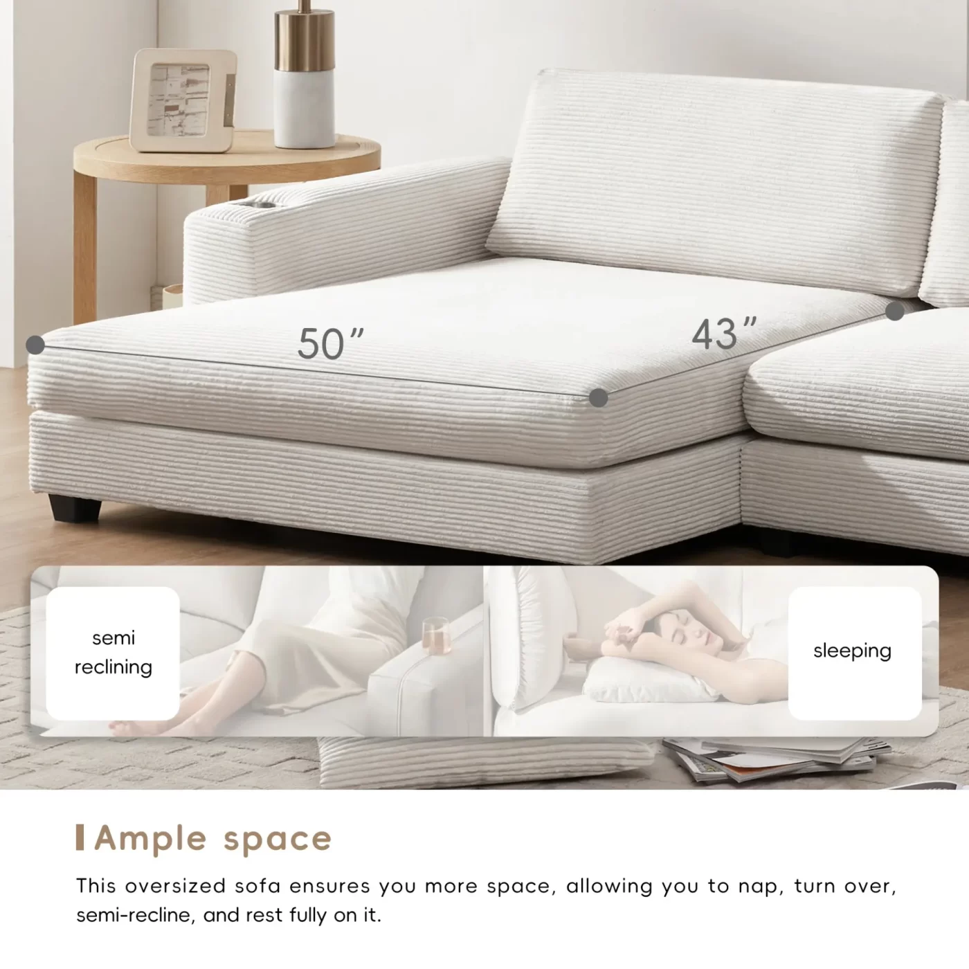 134*54" Oversized Corduroy Sectional Sofa,L Shaped Cloud Couch with USB Charging Port,Cup Holder,Deep and Wide Seat Sofa with 50" Chaise,Comfy Indoor Furniture for Living Room,3 Colors