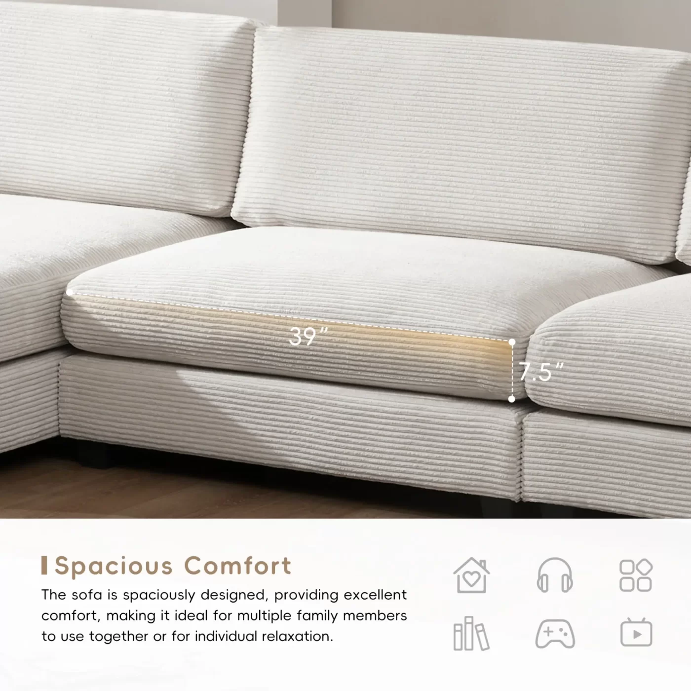 134*54" Oversized Corduroy Sectional Sofa,L Shaped Cloud Couch with USB Charging Port,Cup Holder,Deep and Wide Seat Sofa with 50" Chaise,Comfy Indoor Furniture for Living Room,3 Colors