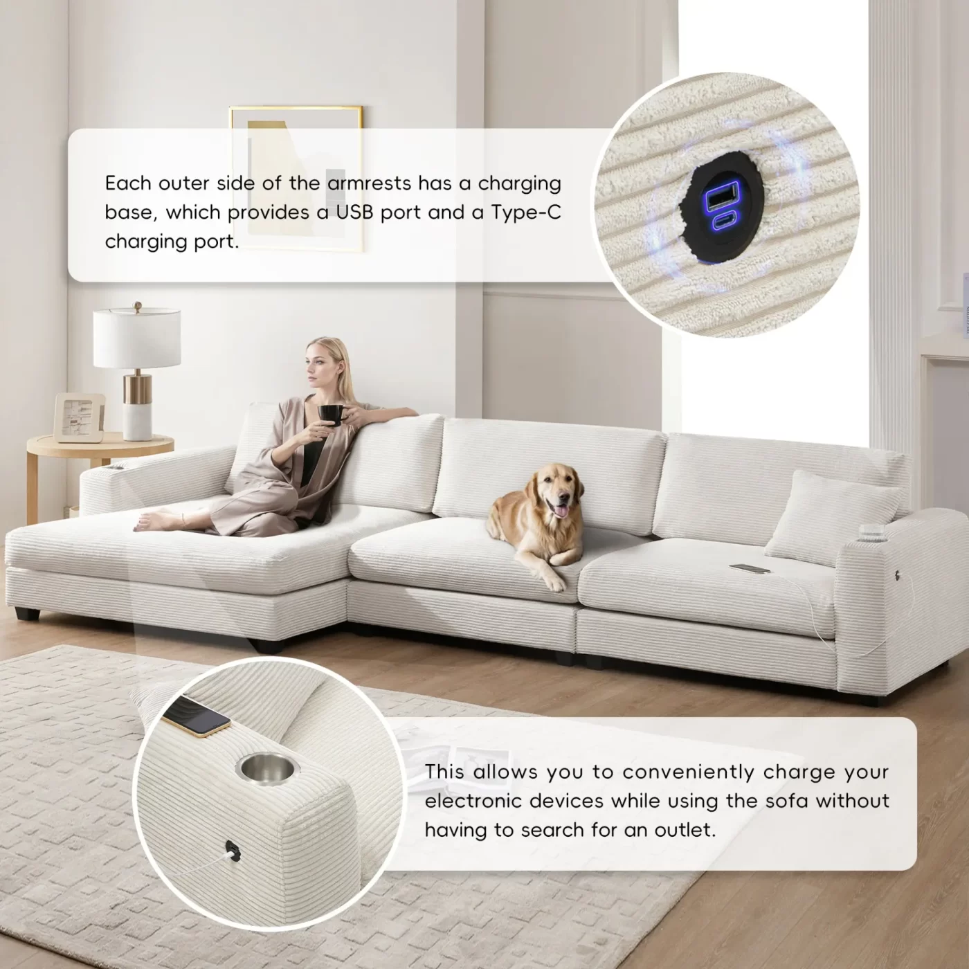 134*54" Oversized Corduroy Sectional Sofa,L Shaped Cloud Couch with USB Charging Port,Cup Holder,Deep and Wide Seat Sofa with 50" Chaise,Comfy Indoor Furniture for Living Room,3 Colors