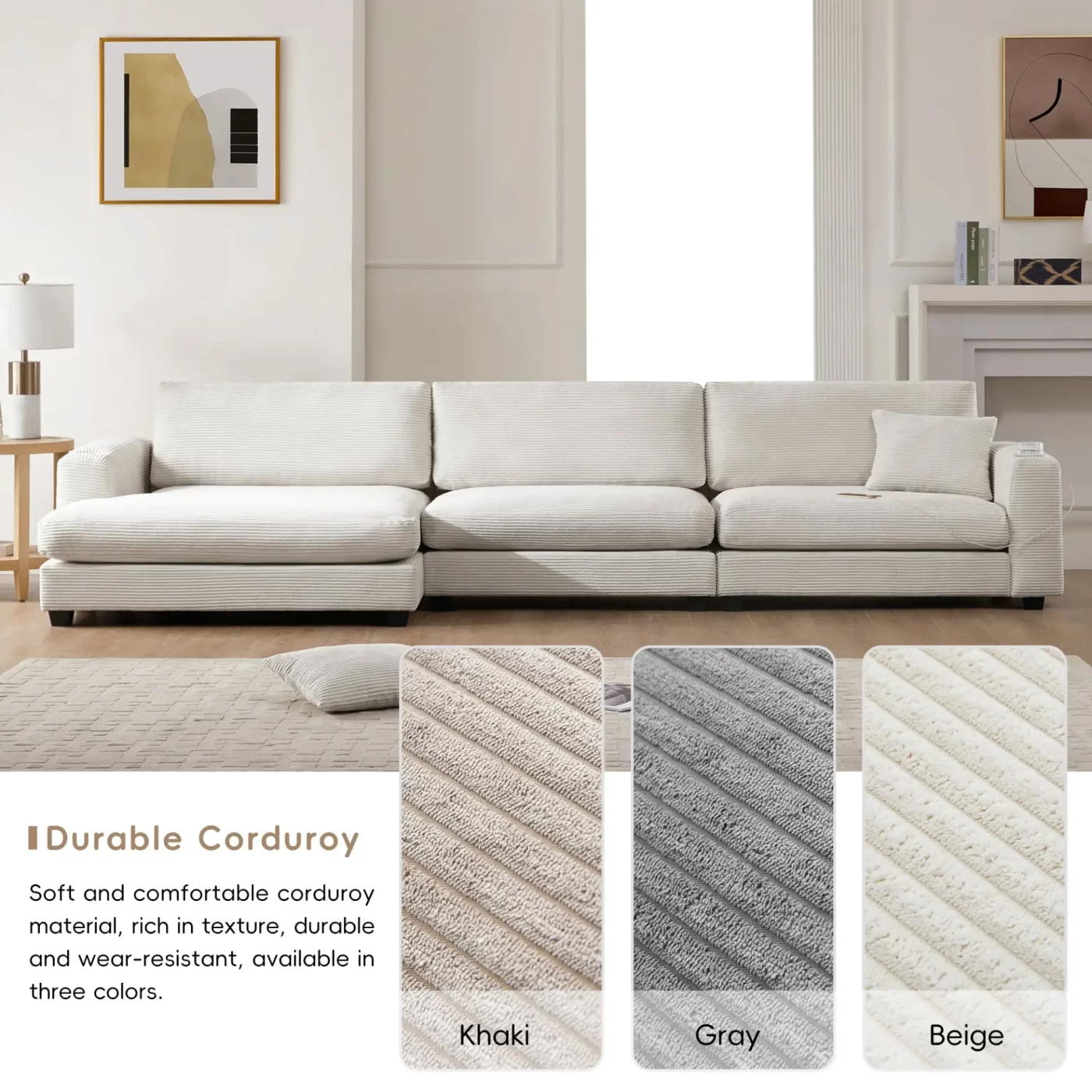 134*54" Oversized Corduroy Sectional Sofa,L Shaped Cloud Couch with USB Charging Port,Cup Holder,Deep and Wide Seat Sofa with 50" Chaise,Comfy Indoor Furniture for Living Room,3 Colors