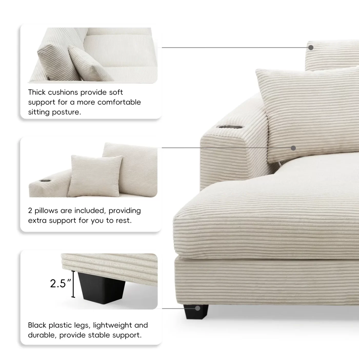 134*54" Oversized Corduroy Sectional Sofa,L Shaped Cloud Couch with USB Charging Port,Cup Holder,Deep and Wide Seat Sofa with 50" Chaise,Comfy Indoor Furniture for Living Room,3 Colors