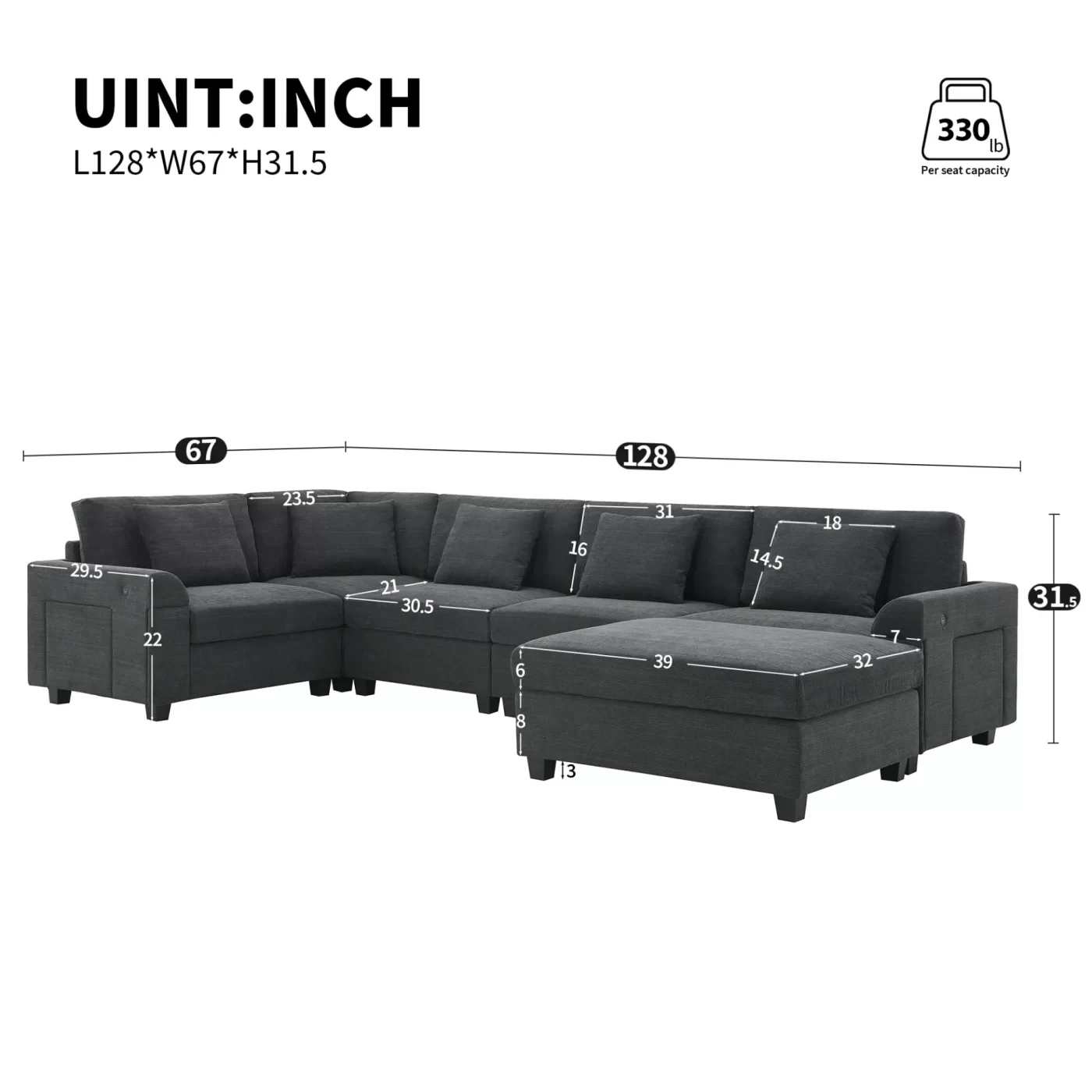 128*67" U Shaped Sectional Sofa,6 Seat Chenille Couch Set with Oversized Ottoman,Hidden Armrest Storage and Cup Holders,USB Charging Ports,Wide Seat Sofa for Living Room,Apartment,2 Colors