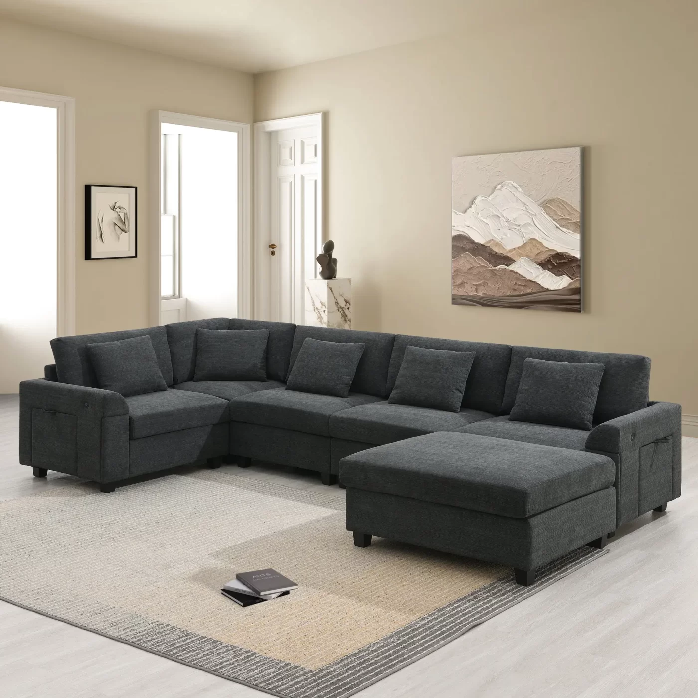 128*67" U Shaped Sectional Sofa,6 Seat Chenille Couch Set with Oversized Ottoman,Hidden Armrest Storage and Cup Holders,USB Charging Ports,Wide Seat Sofa for Living Room,Apartment,2 Colors