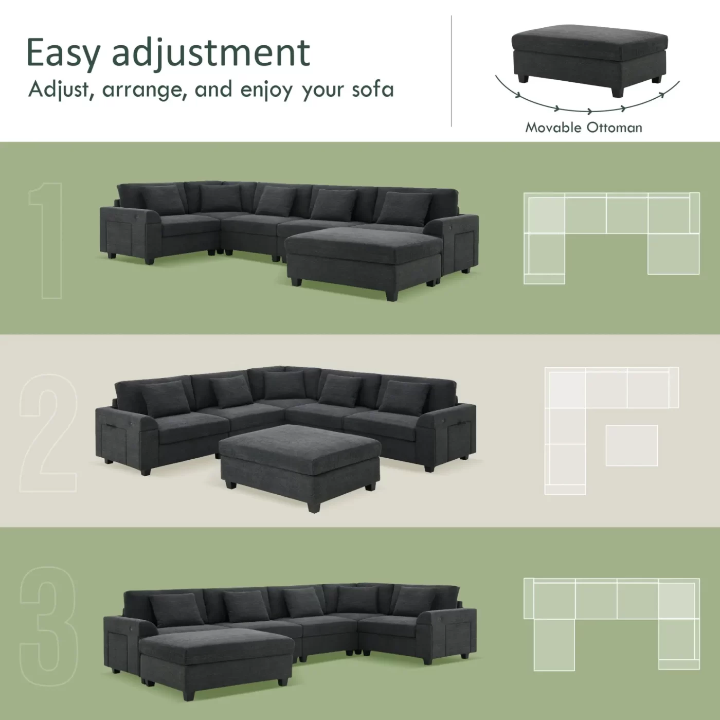 128*67" U Shaped Sectional Sofa,6 Seat Chenille Couch Set with Oversized Ottoman,Hidden Armrest Storage and Cup Holders,USB Charging Ports,Wide Seat Sofa for Living Room,Apartment,2 Colors