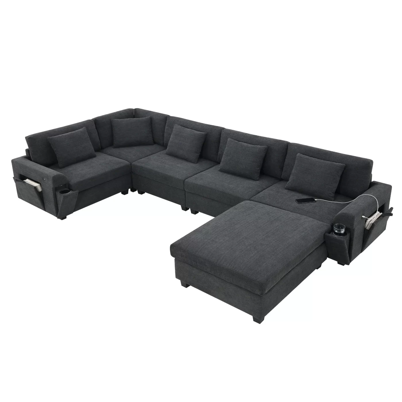128*67" U Shaped Sectional Sofa,6 Seat Chenille Couch Set with Oversized Ottoman,Hidden Armrest Storage and Cup Holders,USB Charging Ports,Wide Seat Sofa for Living Room,Apartment,2 Colors