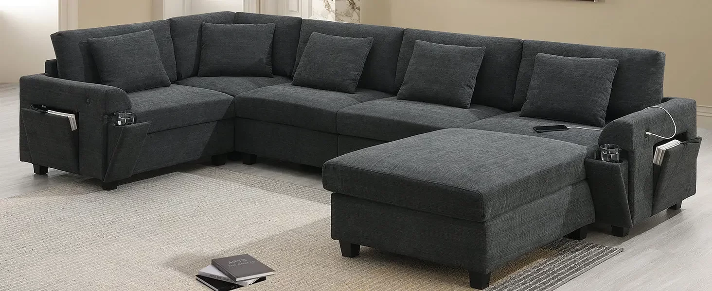 128*67" U Shaped Sectional Sofa,6 Seat Chenille Couch Set with Oversized Ottoman,Hidden Armrest Storage and Cup Holders,USB Charging Ports,Wide Seat Sofa for Living Room,Apartment,2 Colors