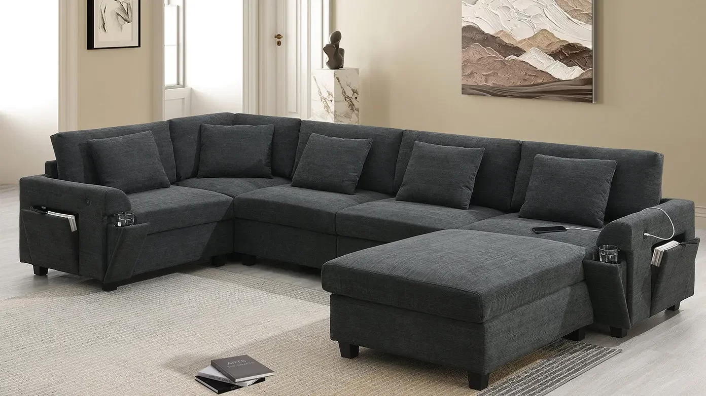 128*67" U Shaped Sectional Sofa,6 Seat Chenille Couch Set with Oversized Ottoman,Hidden Armrest Storage and Cup Holders,USB Charging Ports,Wide Seat Sofa for Living Room,Apartment,2 Colors