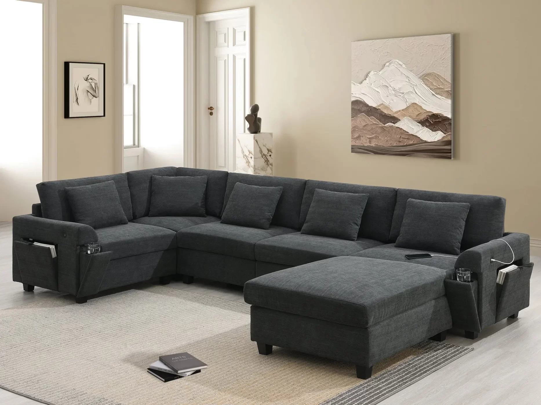 128*67" U Shaped Sectional Sofa,6 Seat Chenille Couch Set with Oversized Ottoman,Hidden Armrest Storage and Cup Holders,USB Charging Ports,Wide Seat Sofa for Living Room,Apartment,2 Colors