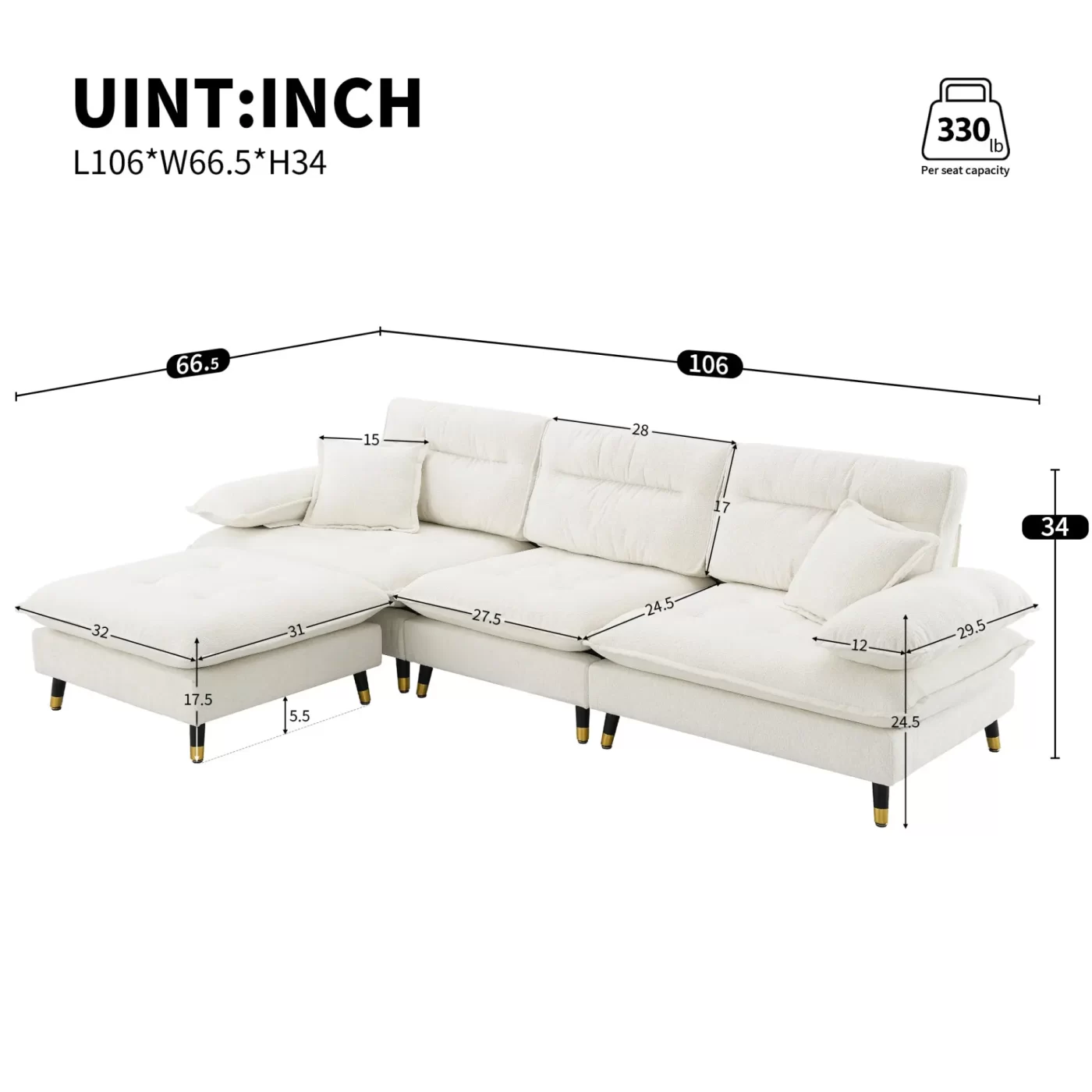 106*66.5" L shaped Convertible Sectional Sofa,4 Seat Tufted Couch Set with Two-tone Adjust Legs,Cloud Chenille Fabric,Movable Ottoman for Living Room, Apartment,Office,3 Colors