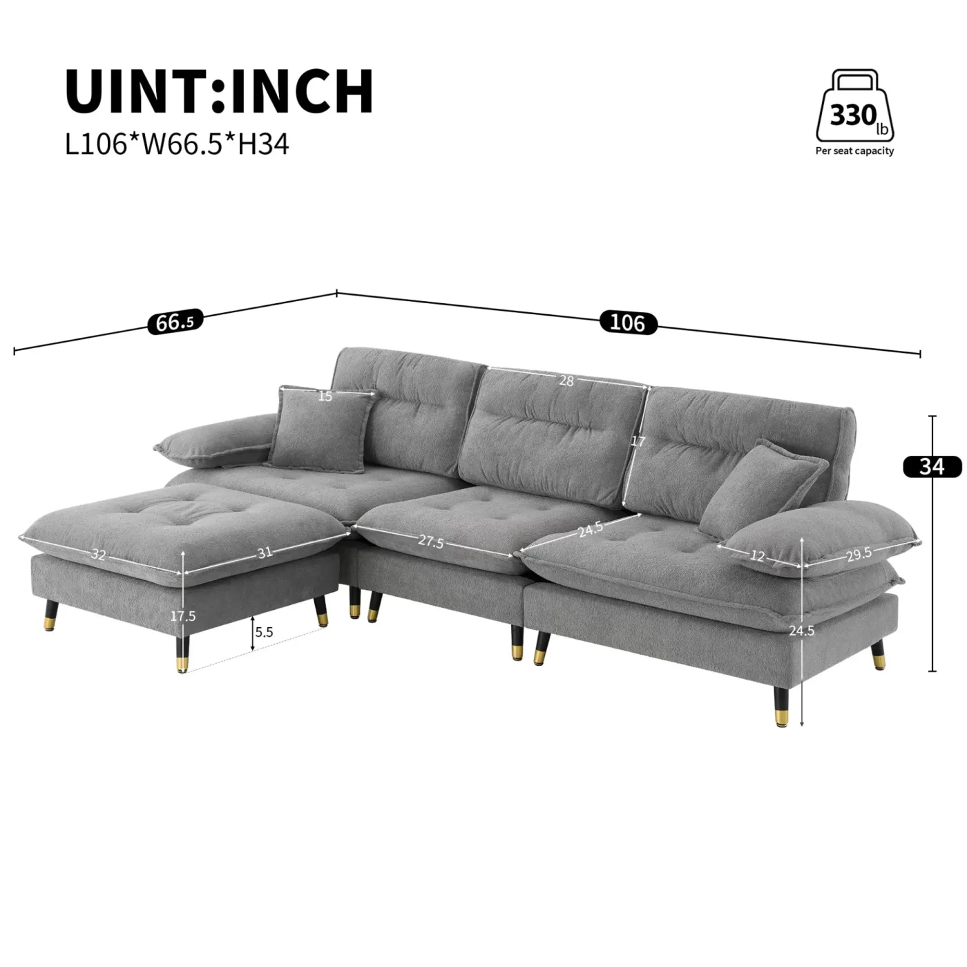 106*66.5" L shaped Convertible Sectional Sofa,4 Seat Tufted Couch Set with Two-tone Adjust Legs,Cloud Chenille Fabric,Movable Ottoman for Living Room, Apartment,Office,3 Colors
