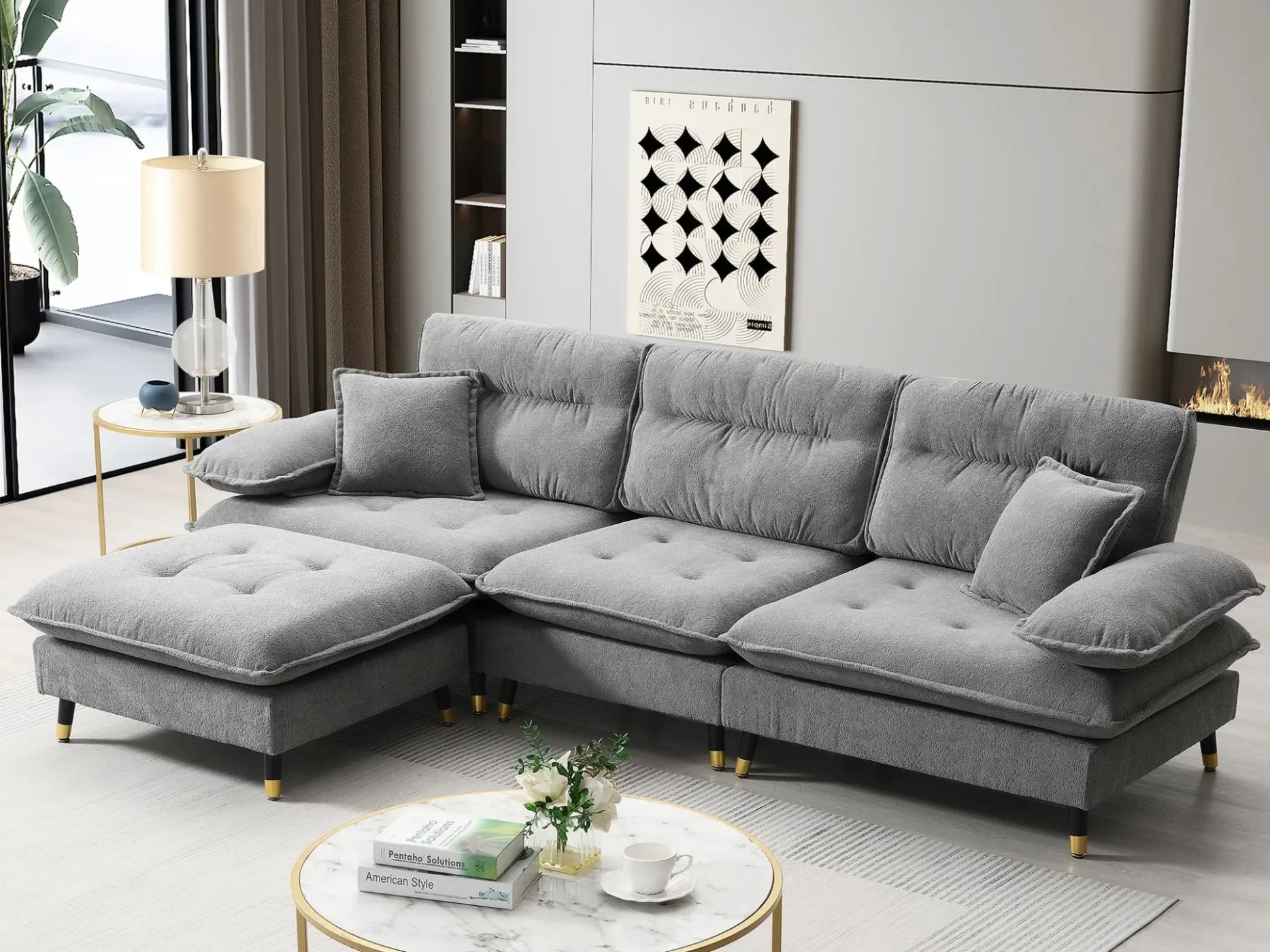 106*66.5" L shaped Convertible Sectional Sofa,4 Seat Tufted Couch Set with Two-tone Adjust Legs,Cloud Chenille Fabric,Movable Ottoman for Living Room, Apartment,Office,3 Colors