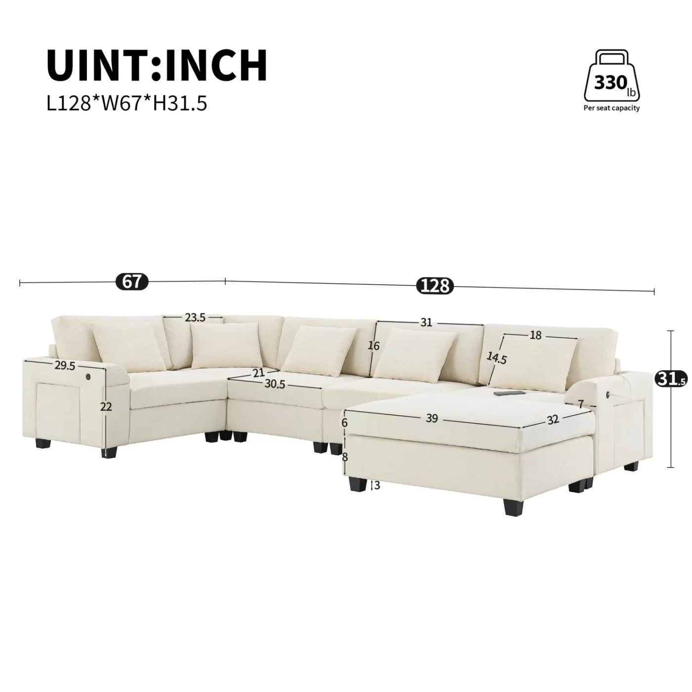 128*67" U Shaped Sectional Sofa,6 Seat Chenille Couch Set with Oversized Ottoman,Hidden Armrest Storage and Cup Holders,USB Charging Ports,Wide Seat Sofa for Living Room,Apartment,2 Colors