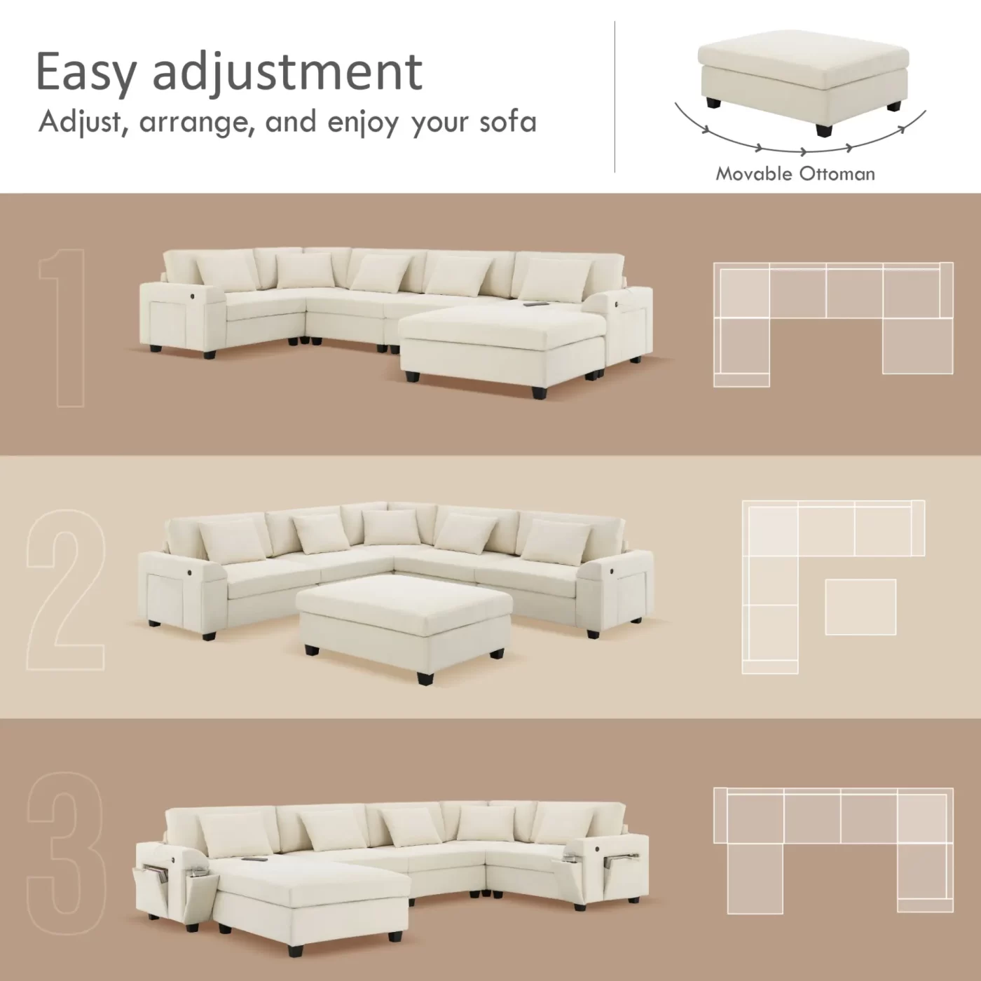 128*67" U Shaped Sectional Sofa,6 Seat Chenille Couch Set with Oversized Ottoman,Hidden Armrest Storage and Cup Holders,USB Charging Ports,Wide Seat Sofa for Living Room,Apartment,2 Colors
