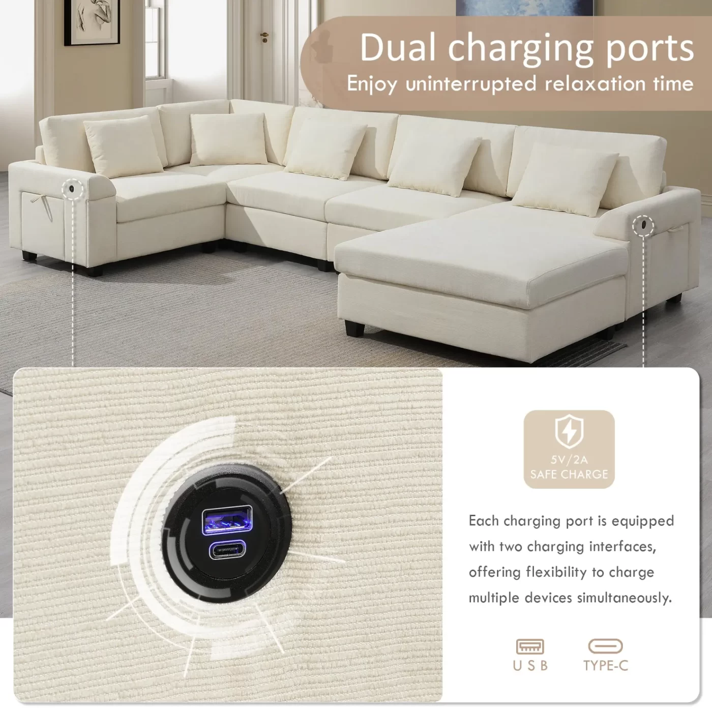 128*67" U Shaped Sectional Sofa,6 Seat Chenille Couch Set with Oversized Ottoman,Hidden Armrest Storage and Cup Holders,USB Charging Ports,Wide Seat Sofa for Living Room,Apartment,2 Colors