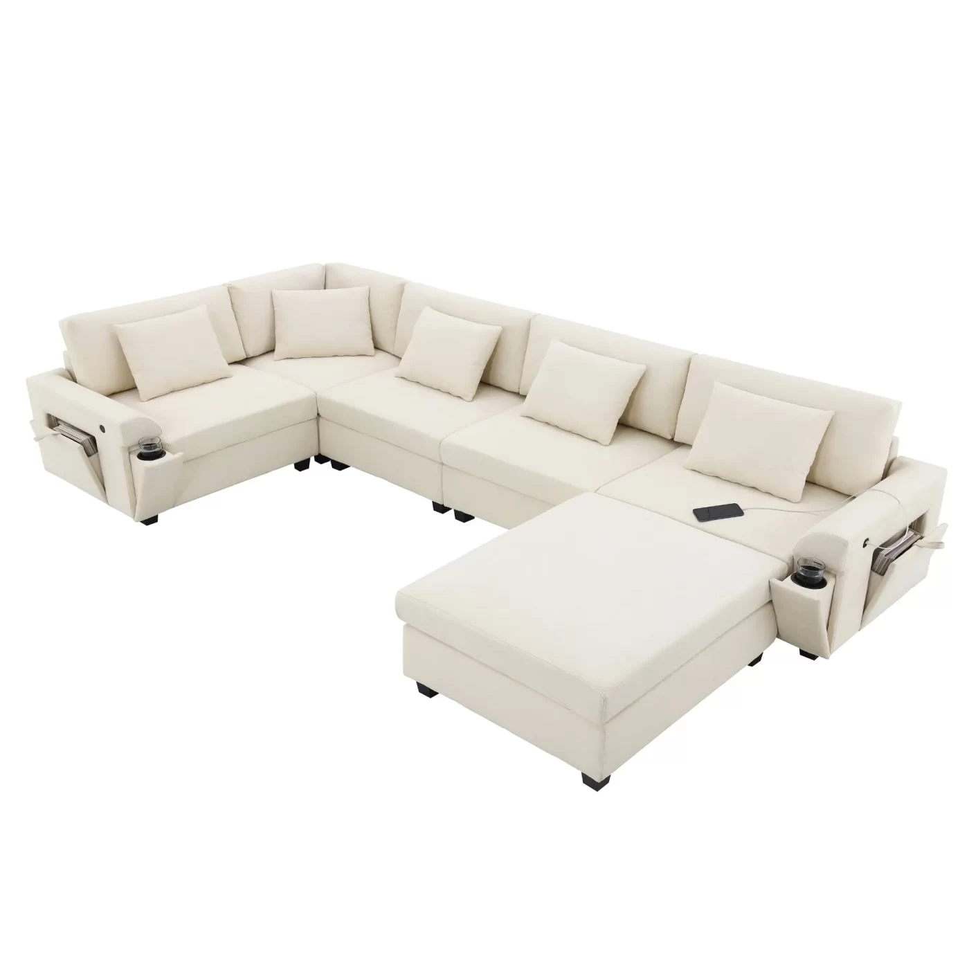 128*67" U Shaped Sectional Sofa,6 Seat Chenille Couch Set with Oversized Ottoman,Hidden Armrest Storage and Cup Holders,USB Charging Ports,Wide Seat Sofa for Living Room,Apartment,2 Colors