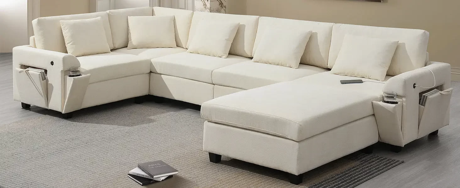 128*67" U Shaped Sectional Sofa,6 Seat Chenille Couch Set with Oversized Ottoman,Hidden Armrest Storage and Cup Holders,USB Charging Ports,Wide Seat Sofa for Living Room,Apartment,2 Colors