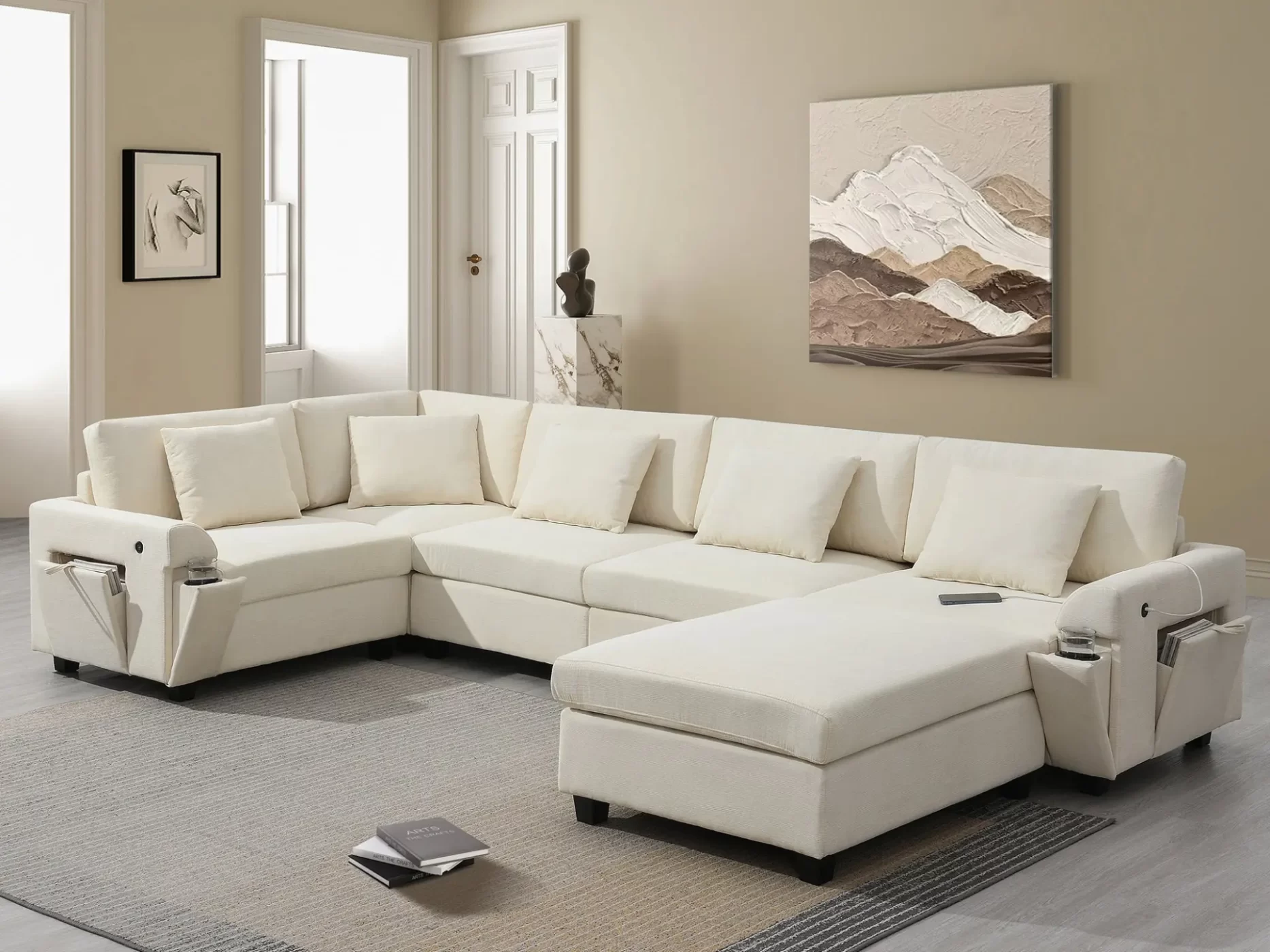 128*67" U Shaped Sectional Sofa,6 Seat Chenille Couch Set with Oversized Ottoman,Hidden Armrest Storage and Cup Holders,USB Charging Ports,Wide Seat Sofa for Living Room,Apartment,2 Colors